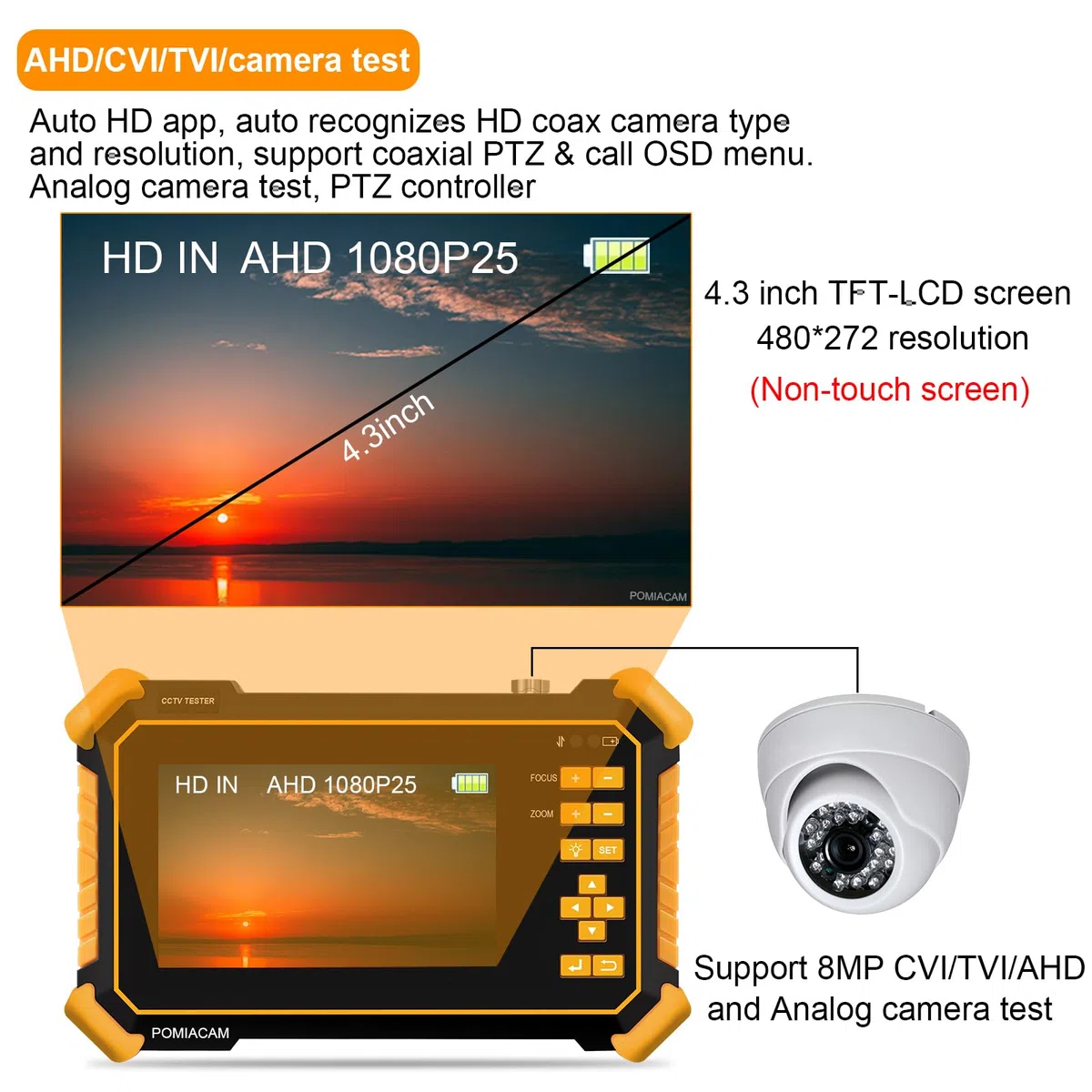 CCTV Tester Monitor HD-2900 Pantalla TFT LCD de 4.3 "4K 8MP CVI TVI AHD CVBS Video analógico HD Probador de cámara coaxial Batería incorporada de 4000 mAh Potencia de salida DC12V