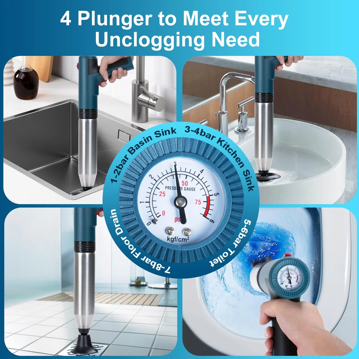 Desatascador eléctrico Tuberías WC, Desatascador eléctrico profesional, Desatascador de Tuberías de Alta Presión con Manómetro, para Inodoro, Lavabo, Fregadero, Ducha y Bañera
