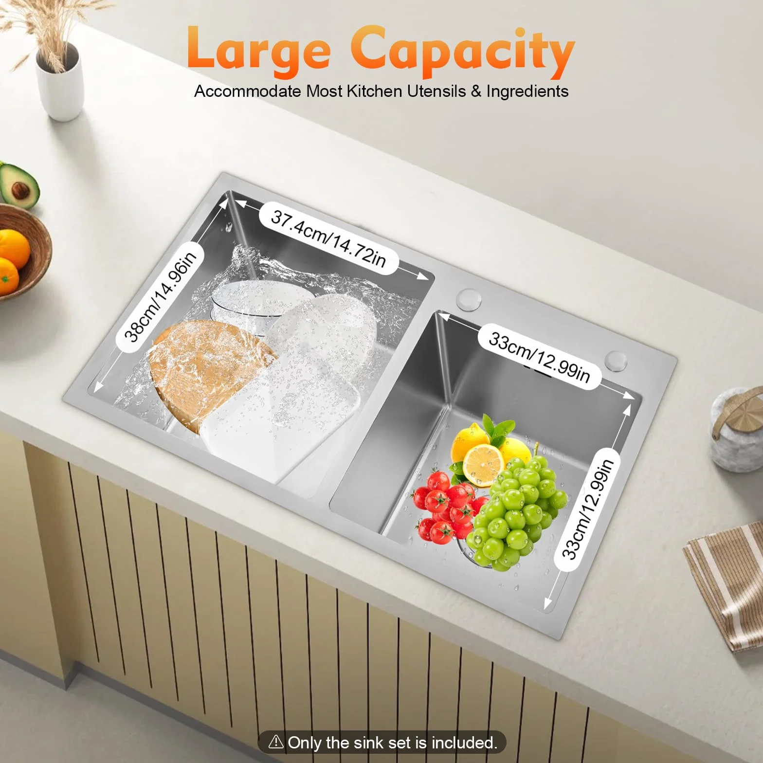Fregadero de cocina de acero inoxidable, doble fregadero, empotrable, 78 x 43 x 21 cm, con escurridor, fregadero doble, Negro