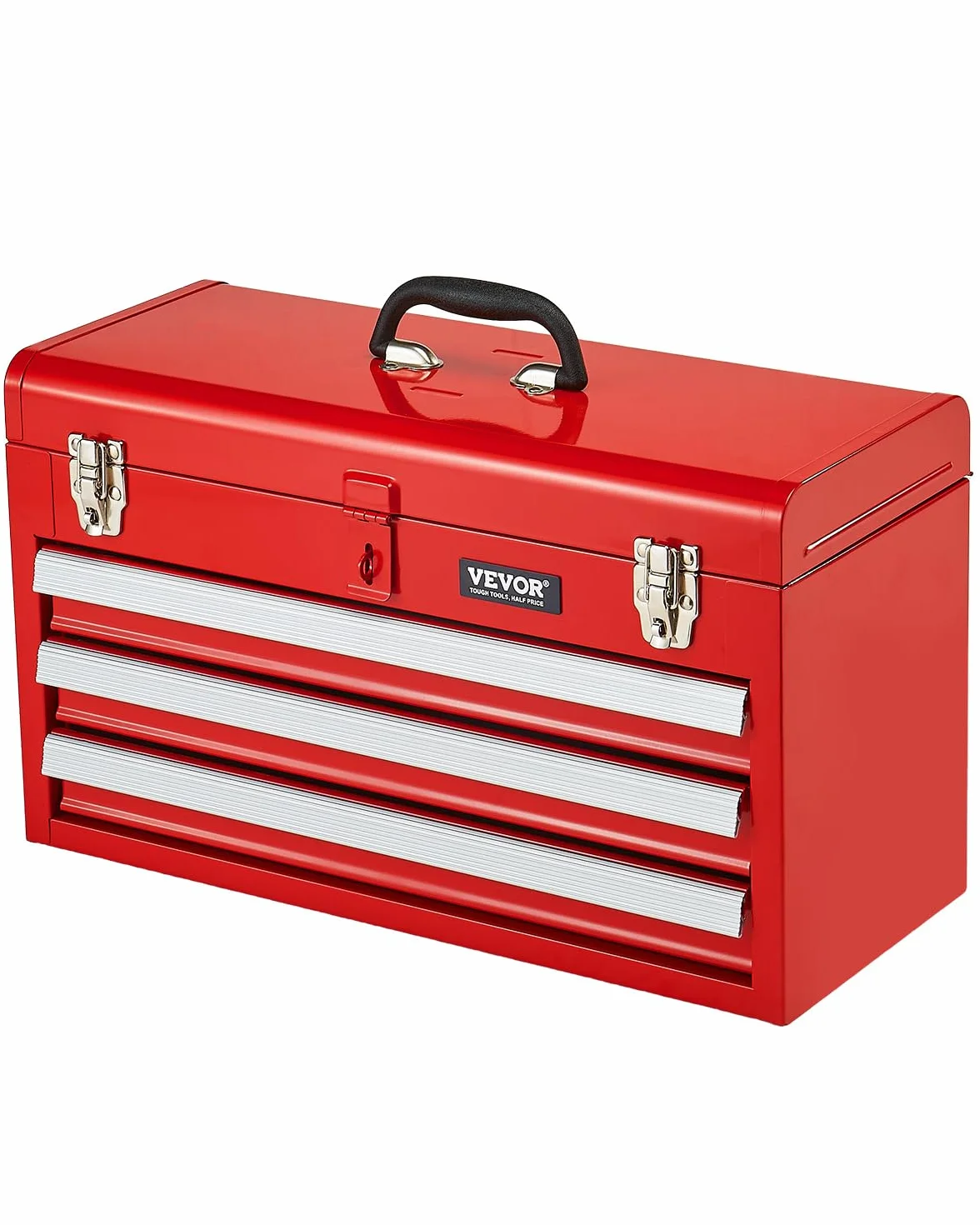 VEVOR Caja de Herramientas Portátil de Metal 520 x 218 x 304 mm, Cofre de Herramientas Pequeño con 3 Cajones y Revestimiento de EVA, Cajones Deslizantes con Cojinetes de Bolas con Cerradura, Rojo