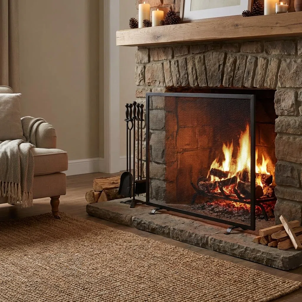 Suinga Salvachispas de Chimenea 1 Panel 60x50 cm, Rejilla Metálica Protectora contra Chispas, Pantalla de Seguridad para Chimeneas, Negro