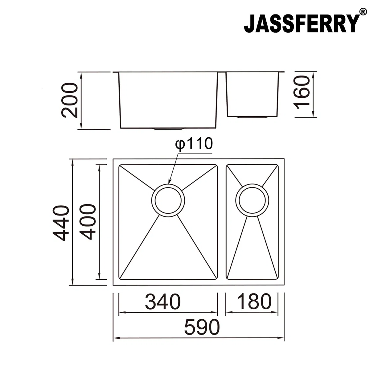 JASSFERRY Fregadero de cocina 1,5 senos, de Acero Inoxidable, bajo encimera, con colador de residuos