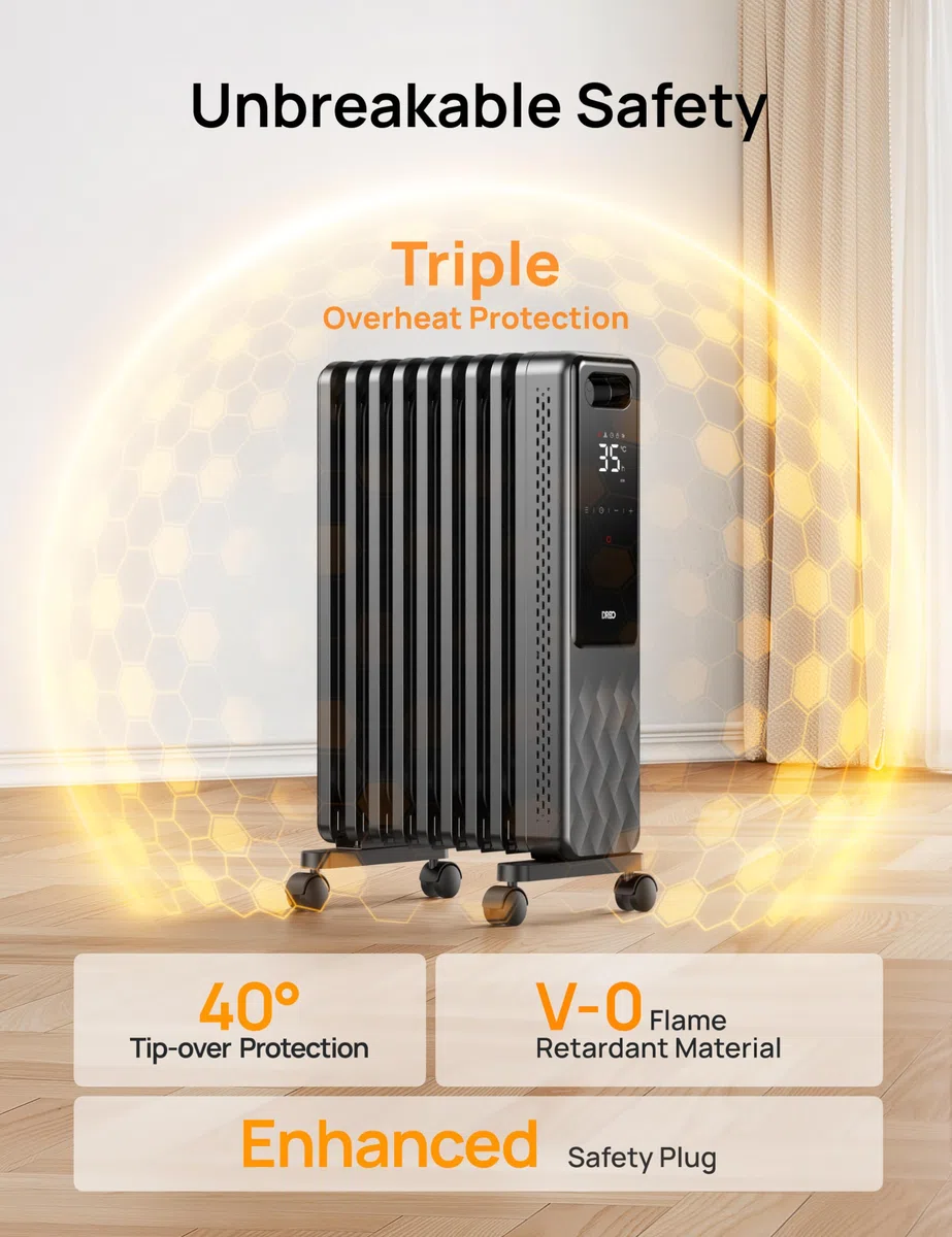 Dreo Radiador de Aceite 2000W, Calentador de Aceite Eléctrico Portátil 9 Elementos Con Mando a Distancia, Temporizador 24h, 3 Ajustes de Calor, 4 Modos, protección contra sobrecalentamiento