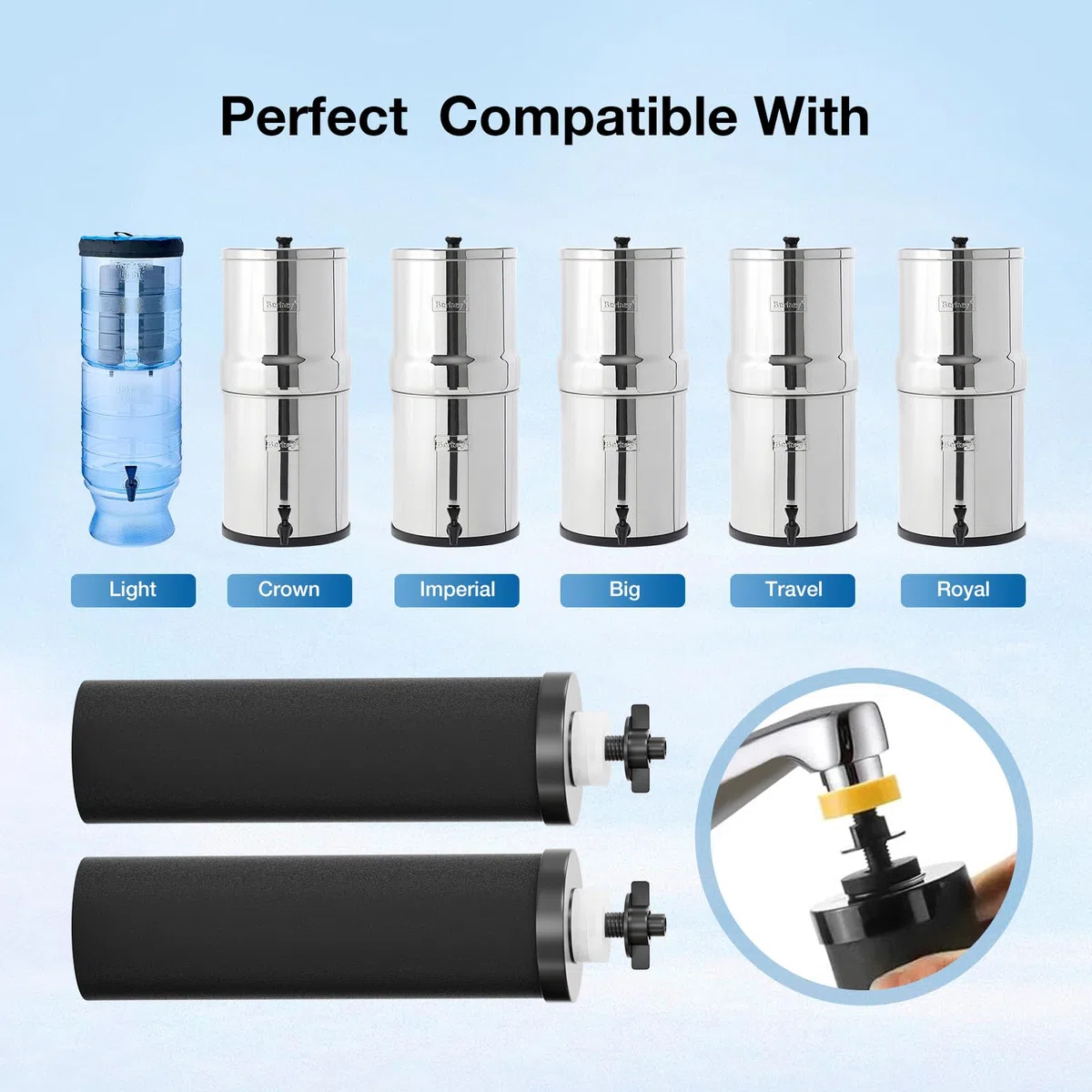 Purewell BB8 - Elementos de purificación de repuesto negros - 2 filtros de repuesto para purificadores de agua, compatibles con sistemas de ultrafiltración por gravedad