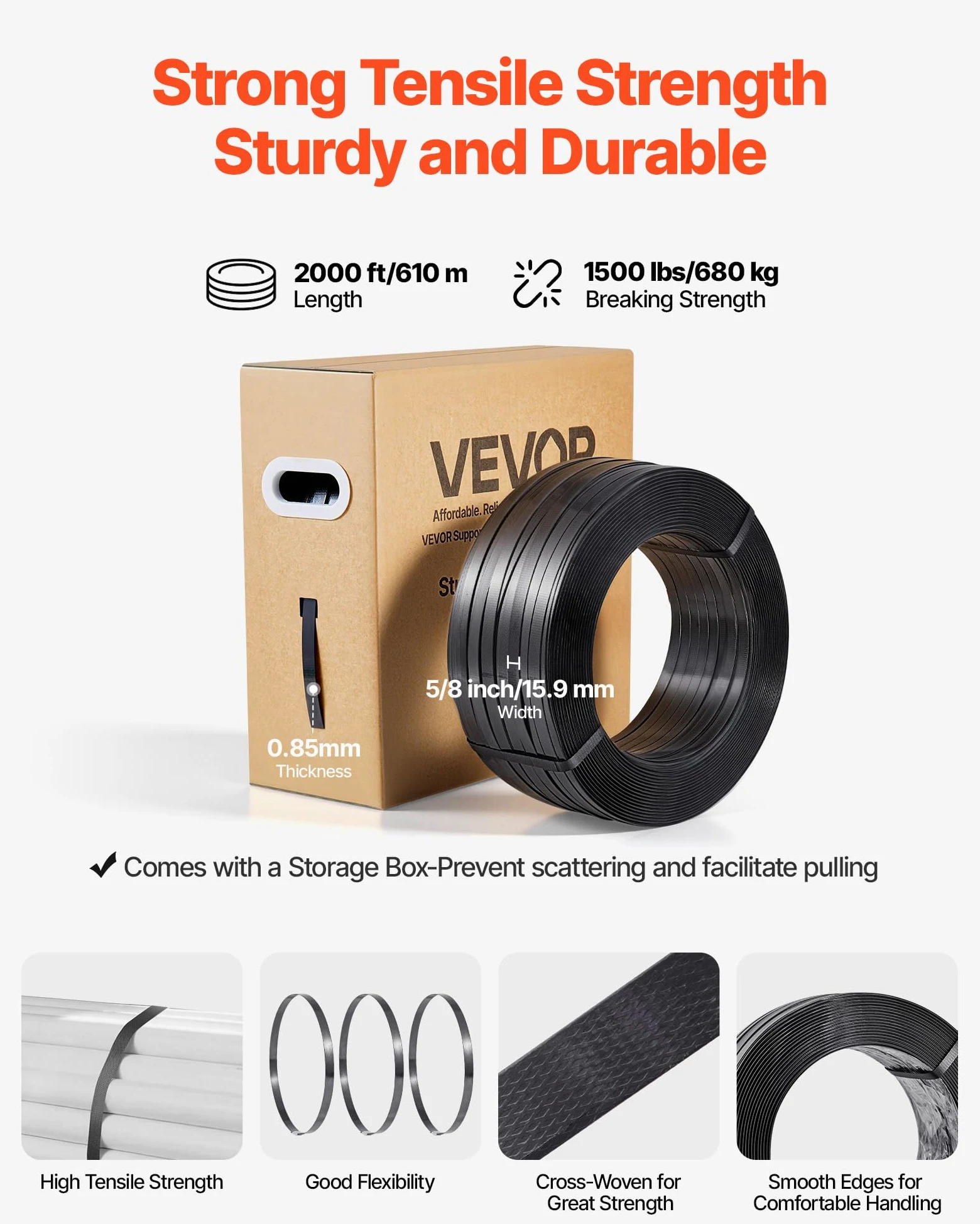 VEVOR Juego de Flejes Manuales Banda PET 15,9 mm x 610 m, Kit de Herramientas de Flejado con Tensor, Selladora, Guante, 600 Hebillas Metálicas, 200 Esquinas Protectoras, para Empaquetado Transporte
