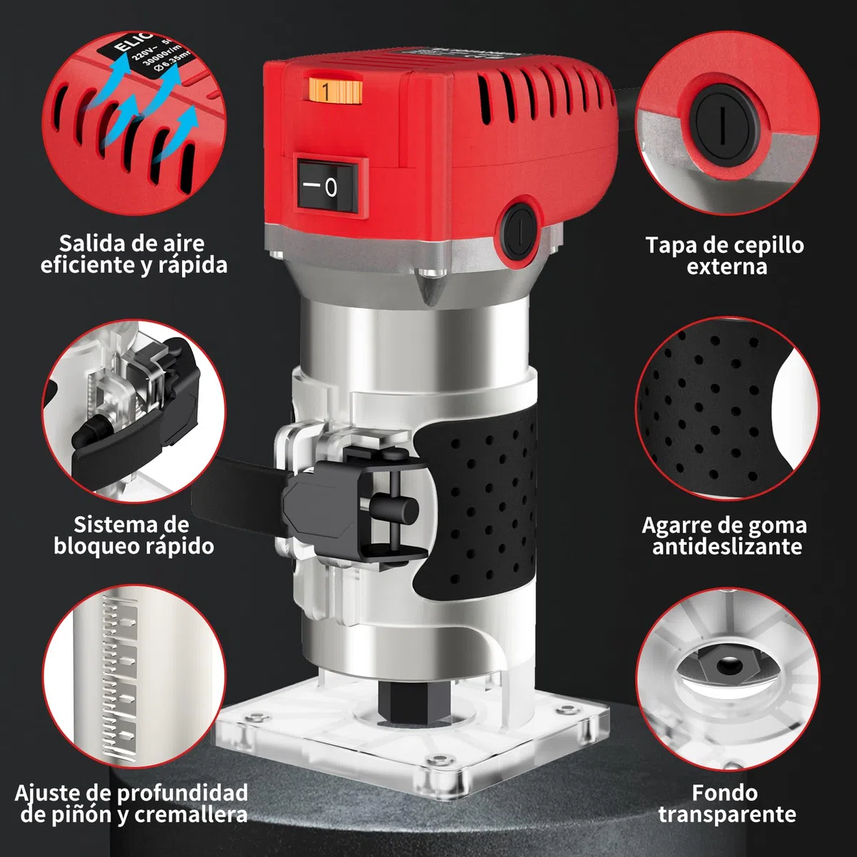 Fresadora de madera 800 W, 6 velocidades variables, 6,35 mm, cortador eléctrico de madera con juego de 15 puntas de 1/4 pulgadas, 30000 RPM Rebajadora Eléctrica