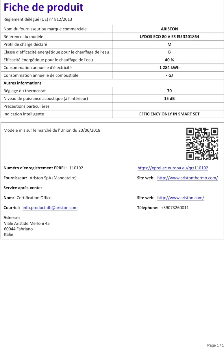 Ariston LYDOSECO80VES Termo ELECTRICO Termo LYDOS Eco 80 V ES EU