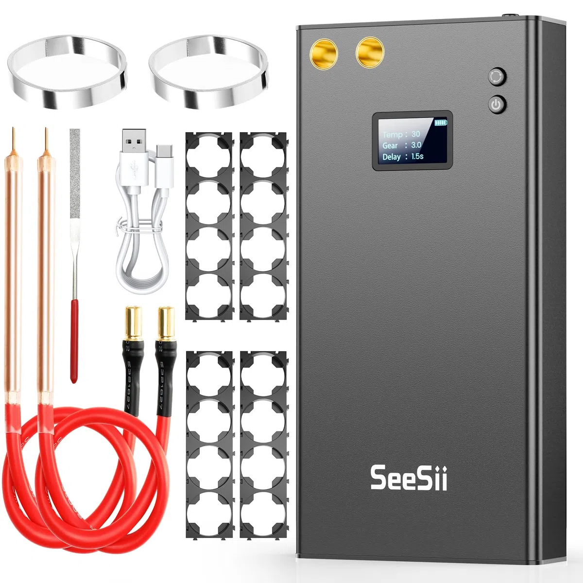 SEESII Soldador por Puntos 11000 mAh - SE-203 Soldador de Puntos Portátil con Batería y Pantalla LCD 80 Niveles Ajustables para 2 Hojas de Níquel de 5 Metros
