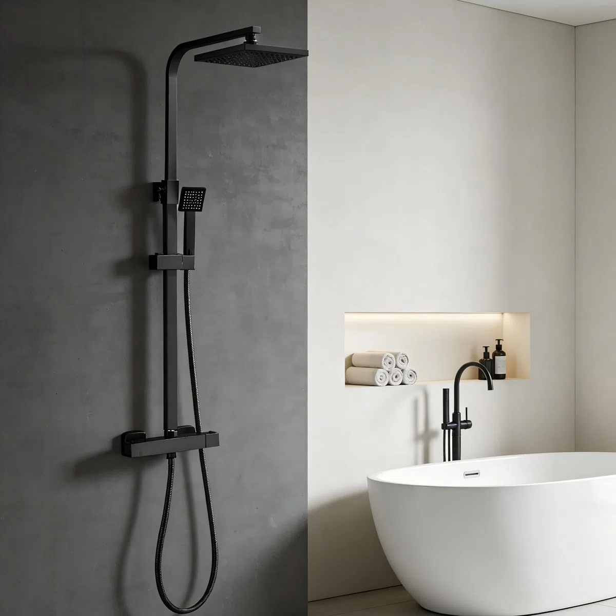 STANEW - Columna de Ducha Termostática, Conjunto de Ducha, Cuarto de Baño, Columna de Ducha, Termostato con Mezclador Ajustable en Altura, Sistema de Ducha (Negro)