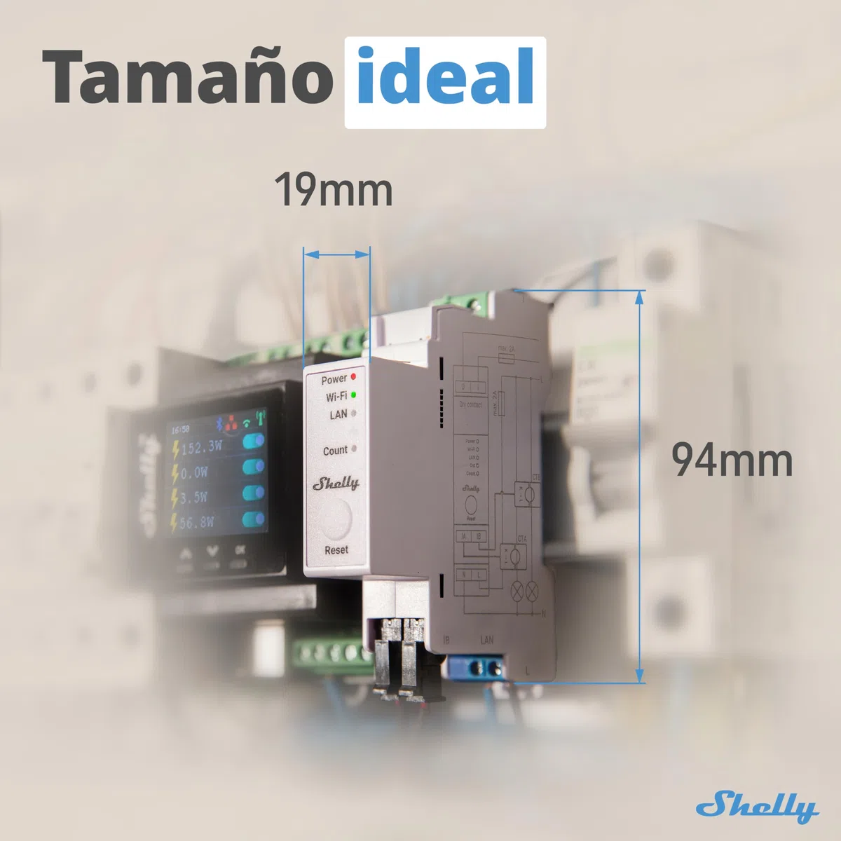 Shelly Pro EM 50A – Medidor Eléctrico Monofásico en riel DIN, 2 Canales, LAN y Wi-Fi, con Pinzas Amperimétricas, Interruptor Integrado, Monitoreo energía solar, App iOS, Android