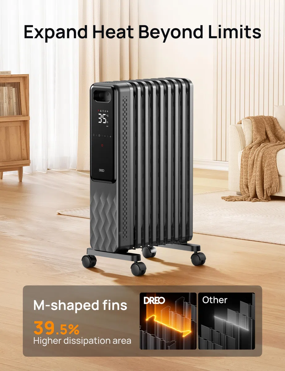 Dreo Radiador de Aceite 2000W, Calentador de Aceite Eléctrico Portátil 9 Elementos Con Mando a Distancia, Temporizador 24h, 3 Ajustes de Calor, 4 Modos, protección contra sobrecalentamiento