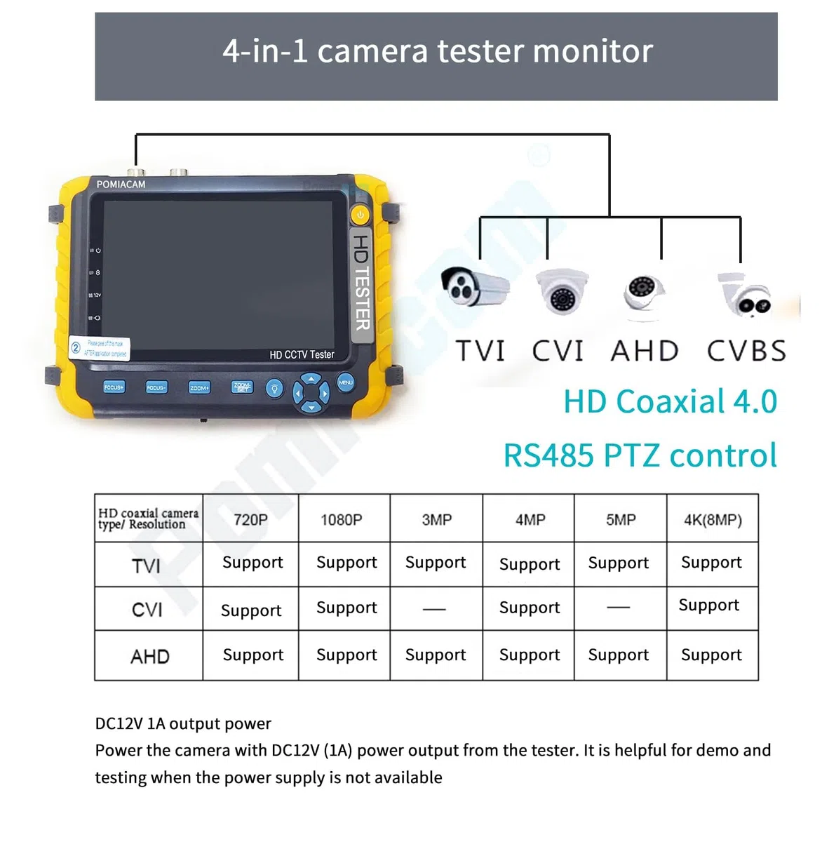 Monitor probador de CCTV para control PTZ de prueba de cámara CVBS AHD TVI CVI de 8MP