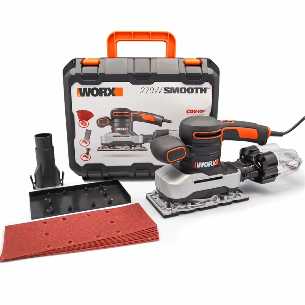 WORX Lijadora órbital ciclónica 270W | WX 642.1 | Fácil descarga de polvo, base de aluminio, sistema de anclaje con pinzas