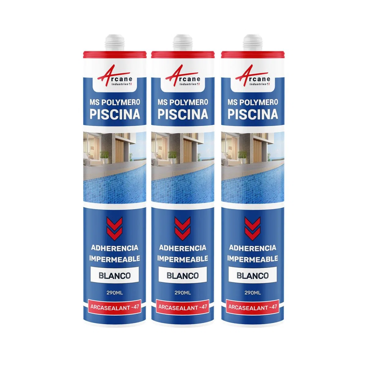 Sellador para piscinas, constructores de piscinas, spa, centros de bienestar - ARCASEALANT - 47-290 ml x 3 Blanco - ARCANE INDUSTRIES