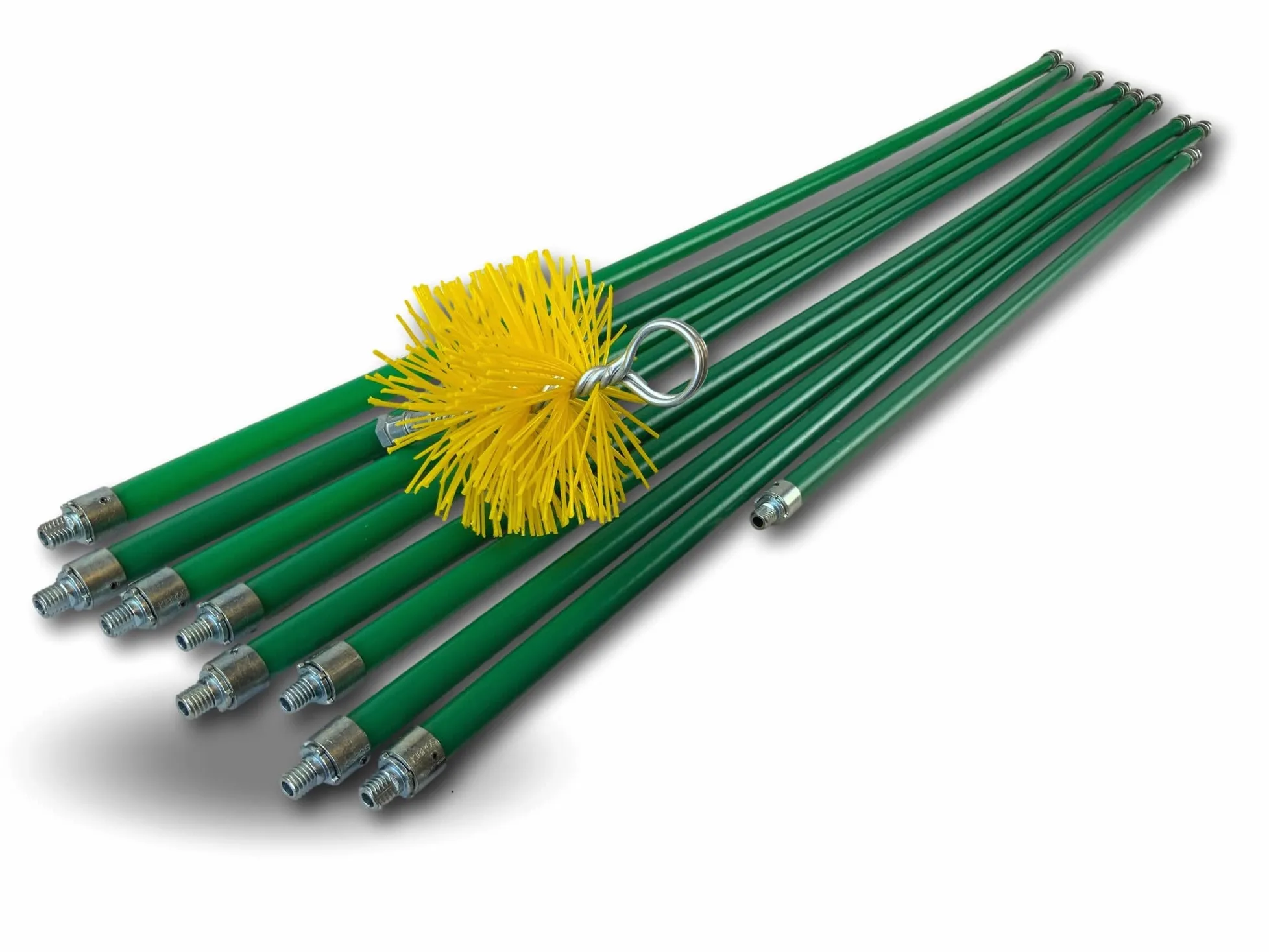 Kit profesional de limpieza para conductos revestidos | Cepillo sintético | Ø 125 mm | 12 m con 9 varillas autobloqueantes Ø 18 mm huecas | Resorte de inicio | Chimeneas | Kibros 5KIT125NLO