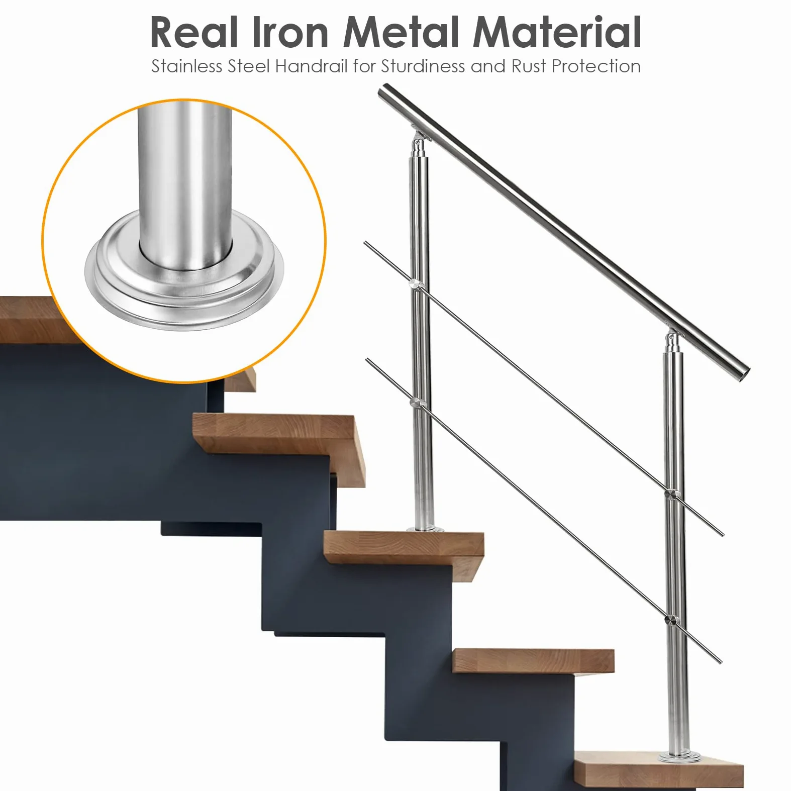 Sonnewelt Pasamanos escalera acero inox 150 * 4.2 * 106.5cm,2 barras,barandilla con kit de instalación,para interiores y exteriores, escaleras, balcón, balaustrada
