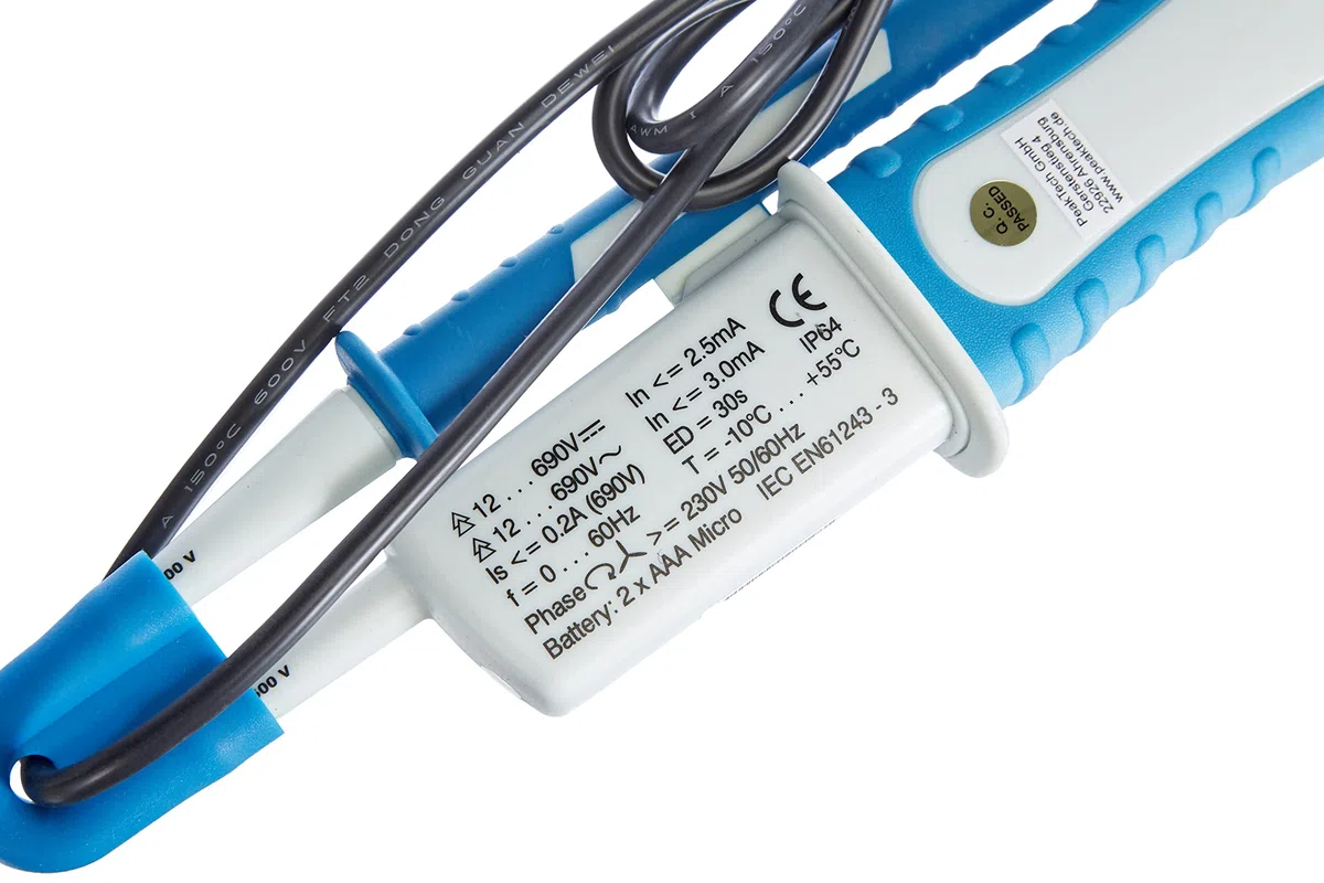 PeakTech 1095 – Probador de voltaje de CA/CC de 2 polos con pantalla LED, protección contra polvo y agua (IP64), voltaje de CC y CA, probador de continuidad, voltímetro de 12V - 690V
