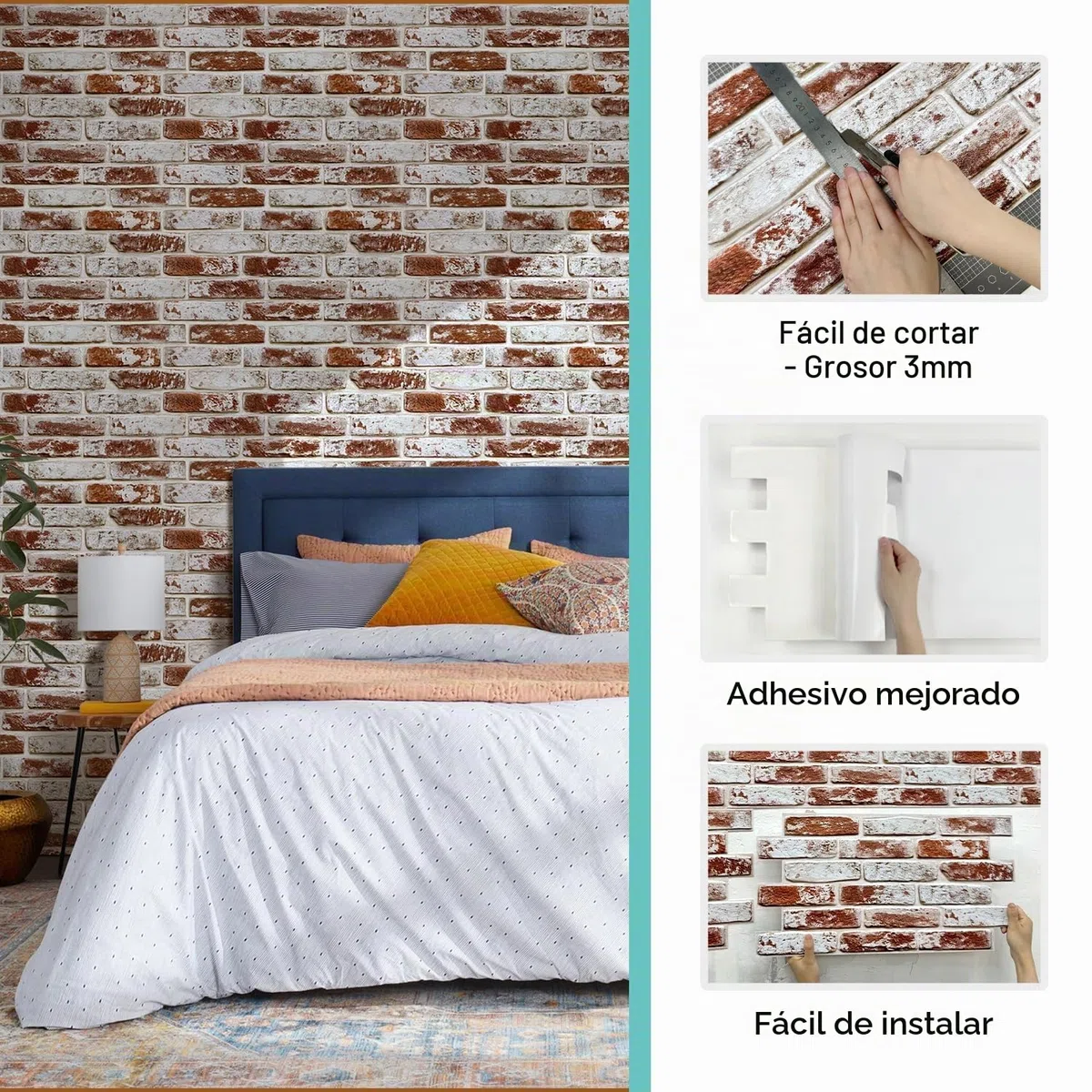 Commomy 12 Piezas Paneles de Pared de Ladrillo 3D, 58 x 30 cm, PVC Paneles Decorativos para Pared Autoadhesivo, Revestimiento de Paredes para Sala, Dormitorio, Cocina (Red Whitewash)