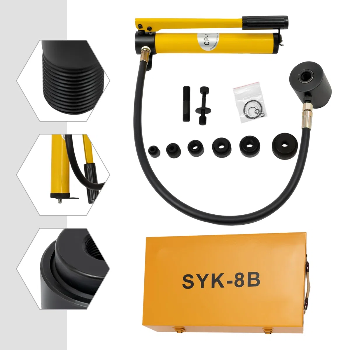 8T Perforadora de chapa hidráulica Punch Set de punzón hidráulico con 6 tamaños de herramientas de perforación para aluminio, acero y plástico