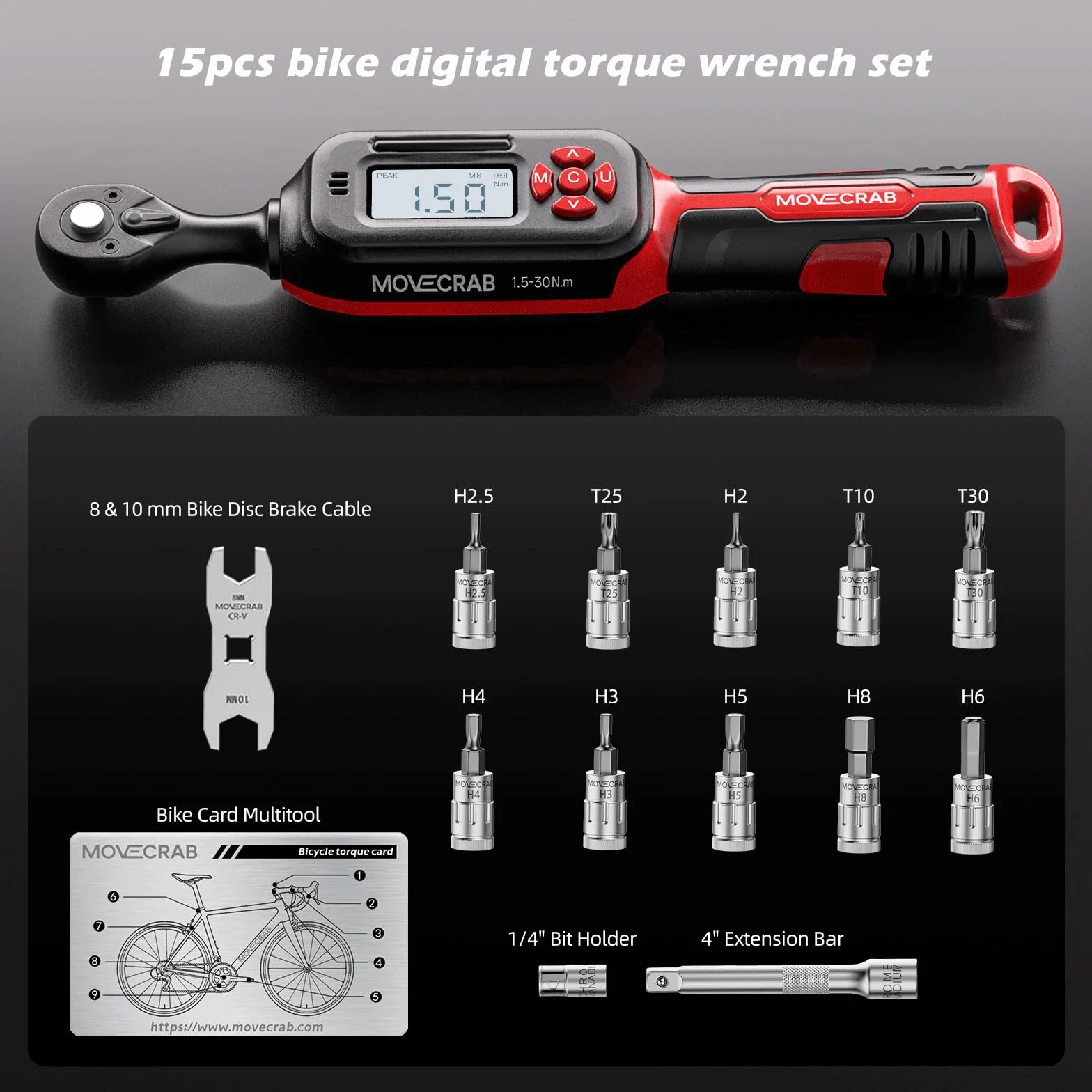 Llave Dinamométrica Digital 1/4", Juego de Llaves para Bicicleta 1.5-30 Nm, Acero S2, Precisión ±2%, Incluye Llaves de Freno 8/10mm, Extensión y Vasos para MTB/Carretera