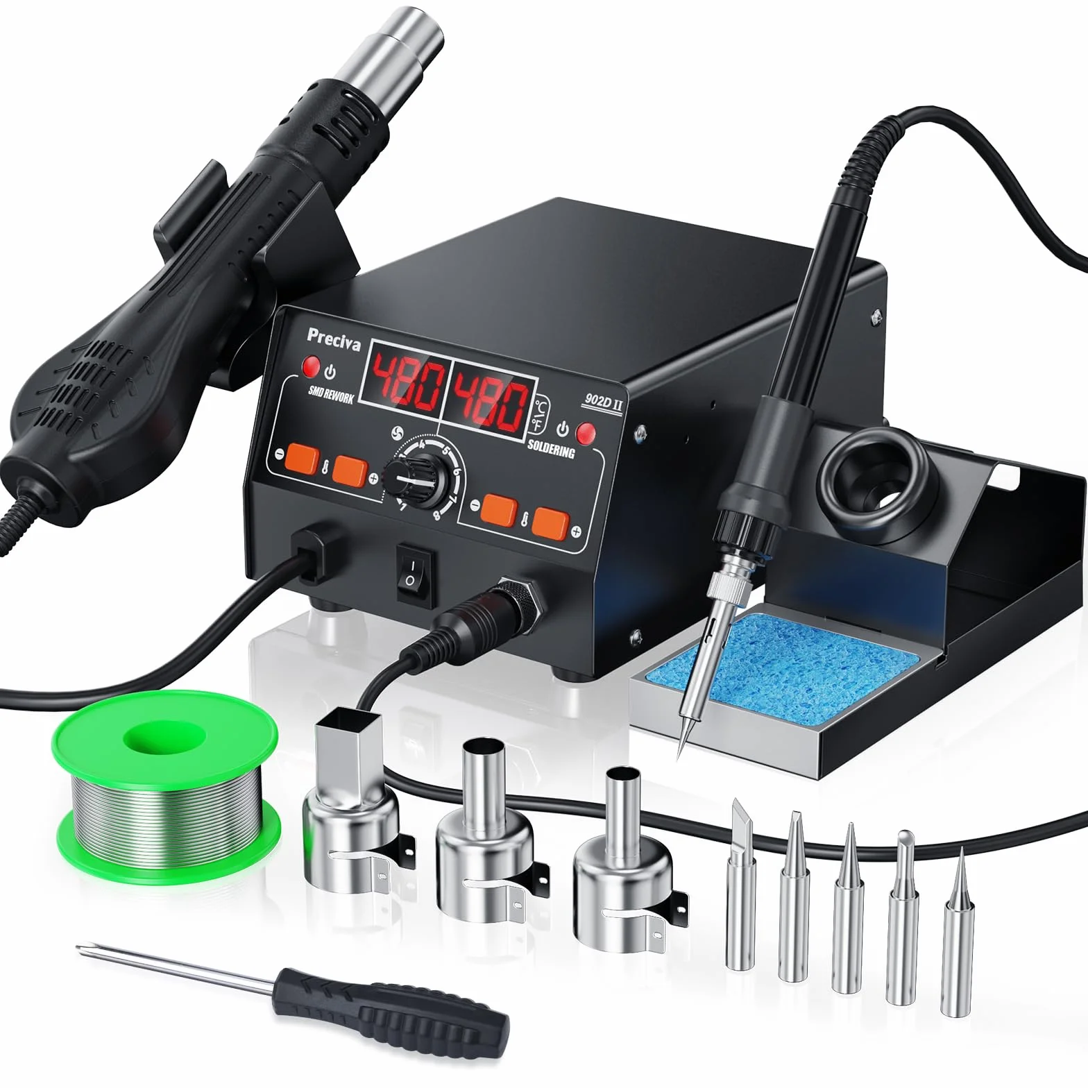 Preciva 902DII EstacióN de Soldadura 2 En 1 750w, 2 En 1 Soldering Station Soldador De EstañO Profesional Con Pantalla Led, 4 Boquillas, 5 Puntas, 30 G De Soldadura Sin Plomo