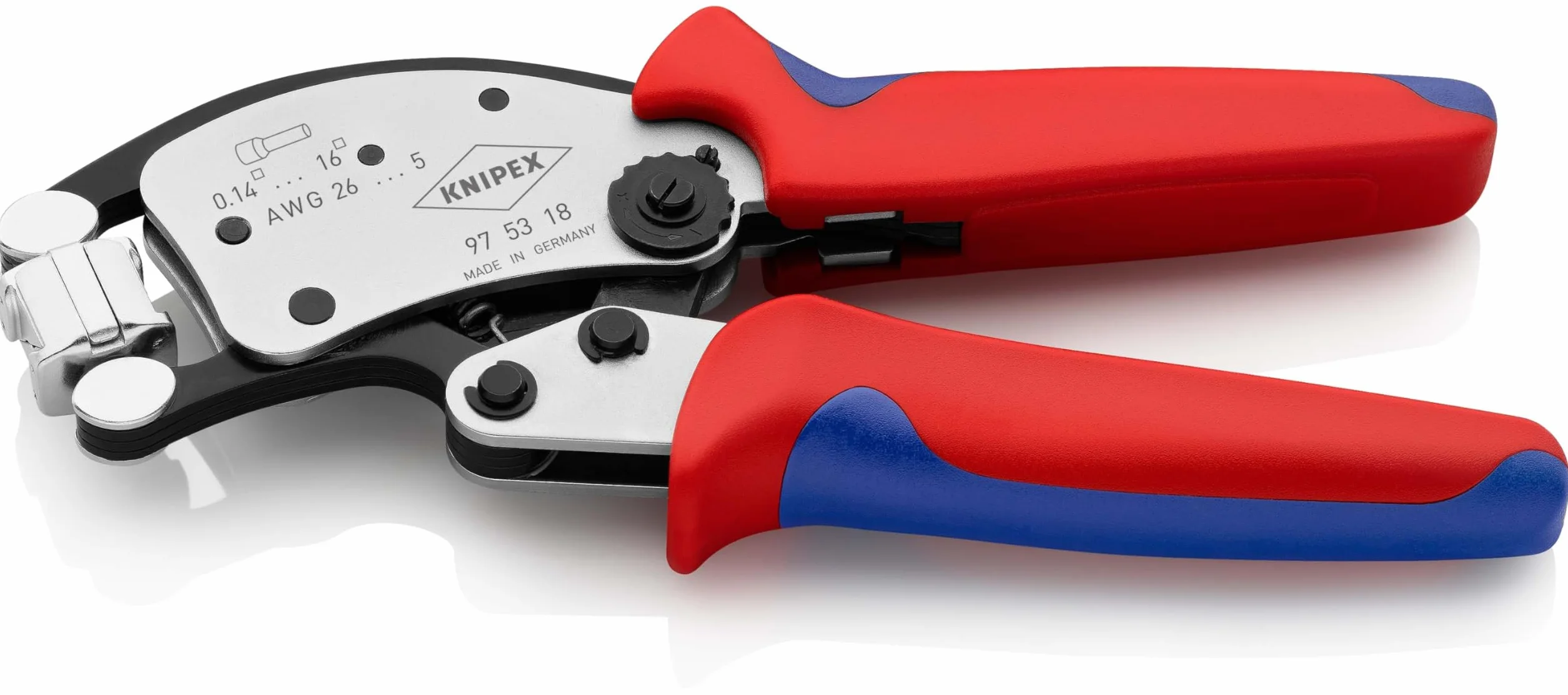 KNIPEX Twistor16 Alicate autoajustable para crimpar punteras huecas con cabezal giratorio para crimpar cromado con mangos multicomponente, 97 53 18
