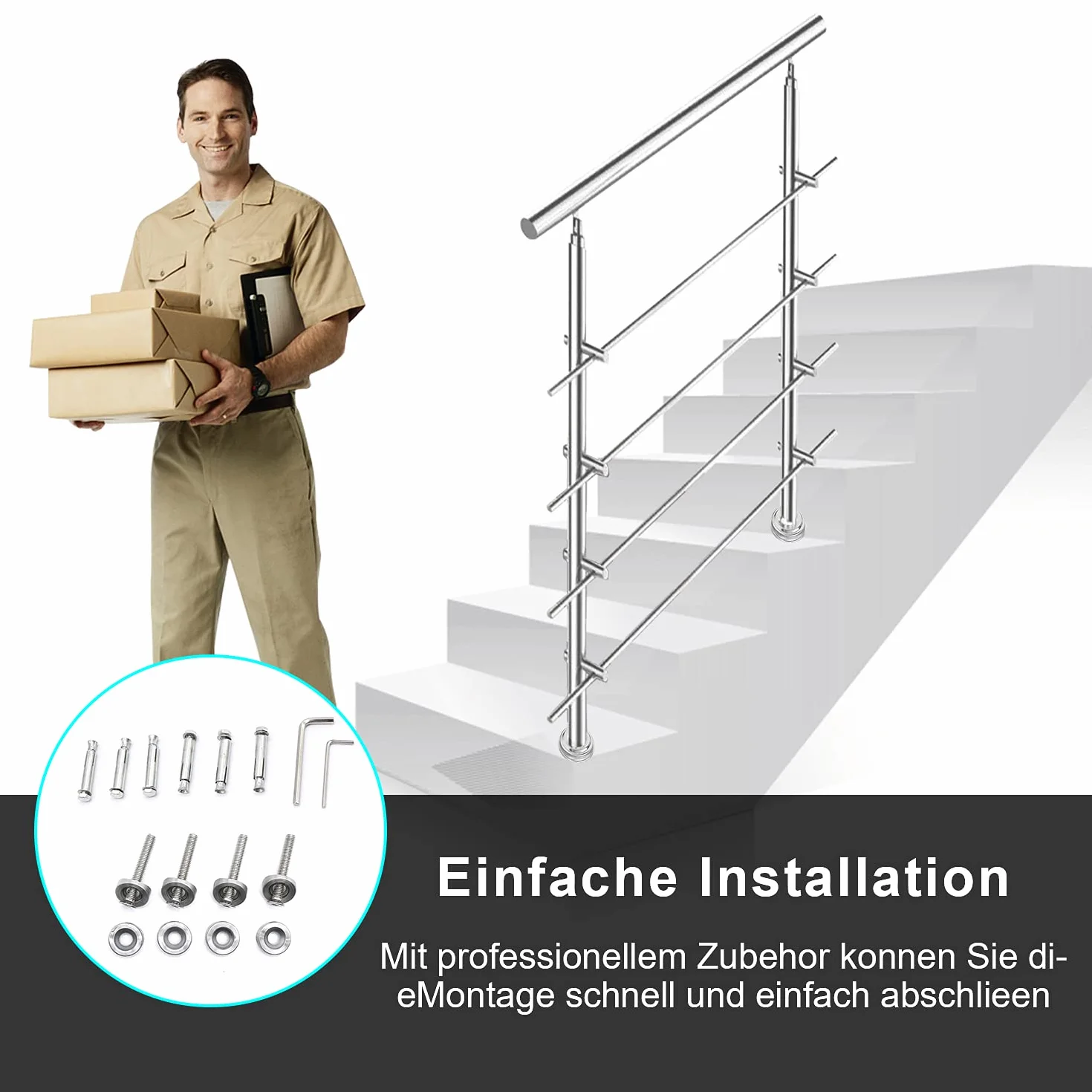 Ikodm Barandilla de acero inoxidable para escaleras, 100 cm, con 2 barras transversales y accesorios, para escalera interior, balcón, entrada de casa