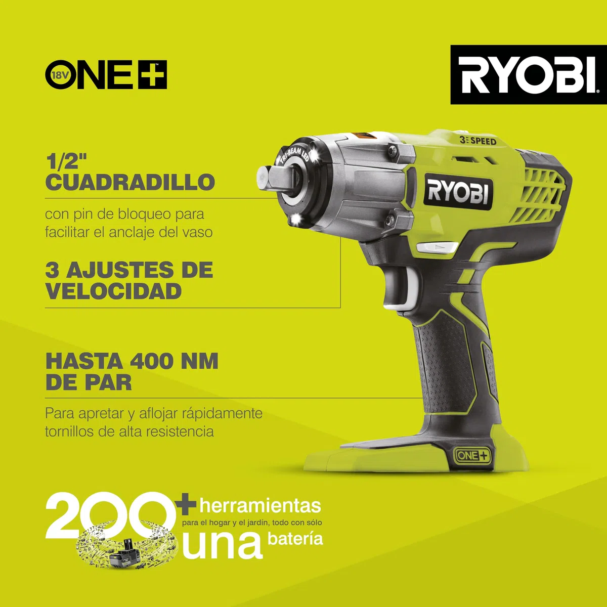 Ryobi - Llave de Impacto Eléctrica Sin Cable 18V ONE+ 400Nm - 3 Velocidades y 3 Pares de Apriete - Accesorio de Fijación Cuadrado 1/2" y Adaptador Hexagonal 1/4" - Inversor de Rotación - R18IW3-0