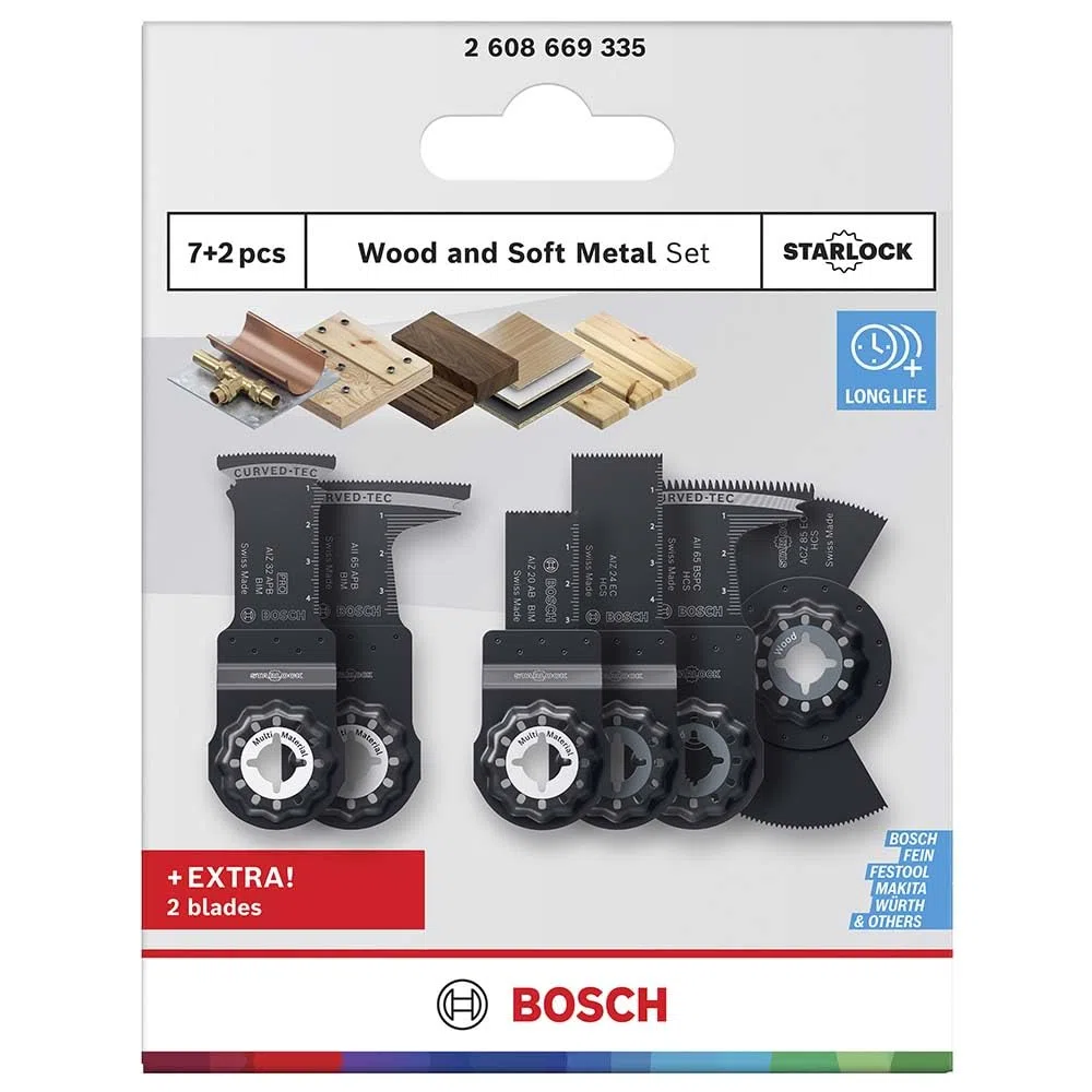 Bosch Juego de 9 piezas de madera y metal blando (para metales no ferrosos, tableros recubiertos de plástico, 134 x 104 mm, multiherramienta de accesorios profesionales)