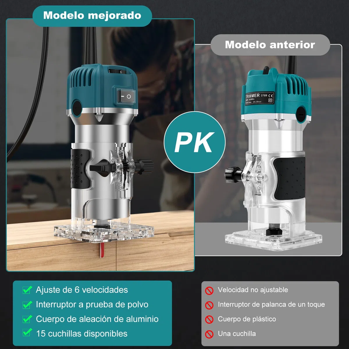Fresadora de Madera Rebajadora Eléctrica 800W 30000RPM, 6 Velocidades Variables, con 15 Piezas de 1/4" Router Bits, para la Bricolaje Talla de Recorte
