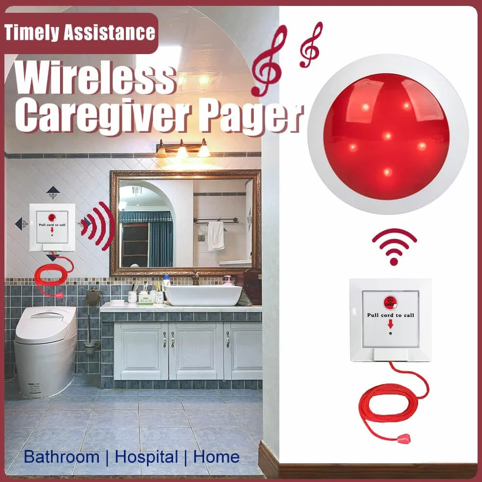 Sistema De Llamadas De Emergencia Y SOS| Alarma WC Minusvalidos,Dispositivo Llamada Aseo con Cuerda De Tracción | Para Residencia de Ancianos/Hogar/Escuela/Hospital/Hotel(1Botón Emergencia+1 Receptor)