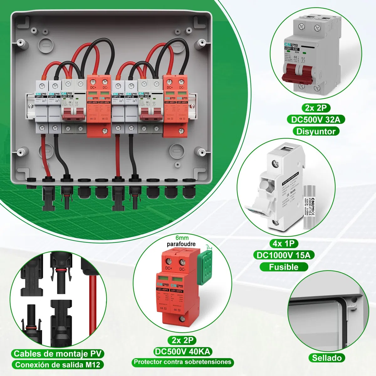 IP65 Caja Combinadora PV 2 Circuitos 2 Entradas 2 Salidas DC500V 32A Interruptor Disyuntor con Protector de Sobretensión y fusible de 15A Para Paneles Solares al Aire Libre