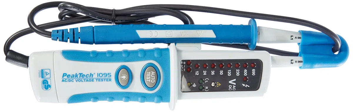 PeakTech 1095 – Probador de voltaje de CA/CC de 2 polos con pantalla LED, protección contra polvo y agua (IP64), voltaje de CC y CA, probador de continuidad, voltímetro de 12V - 690V