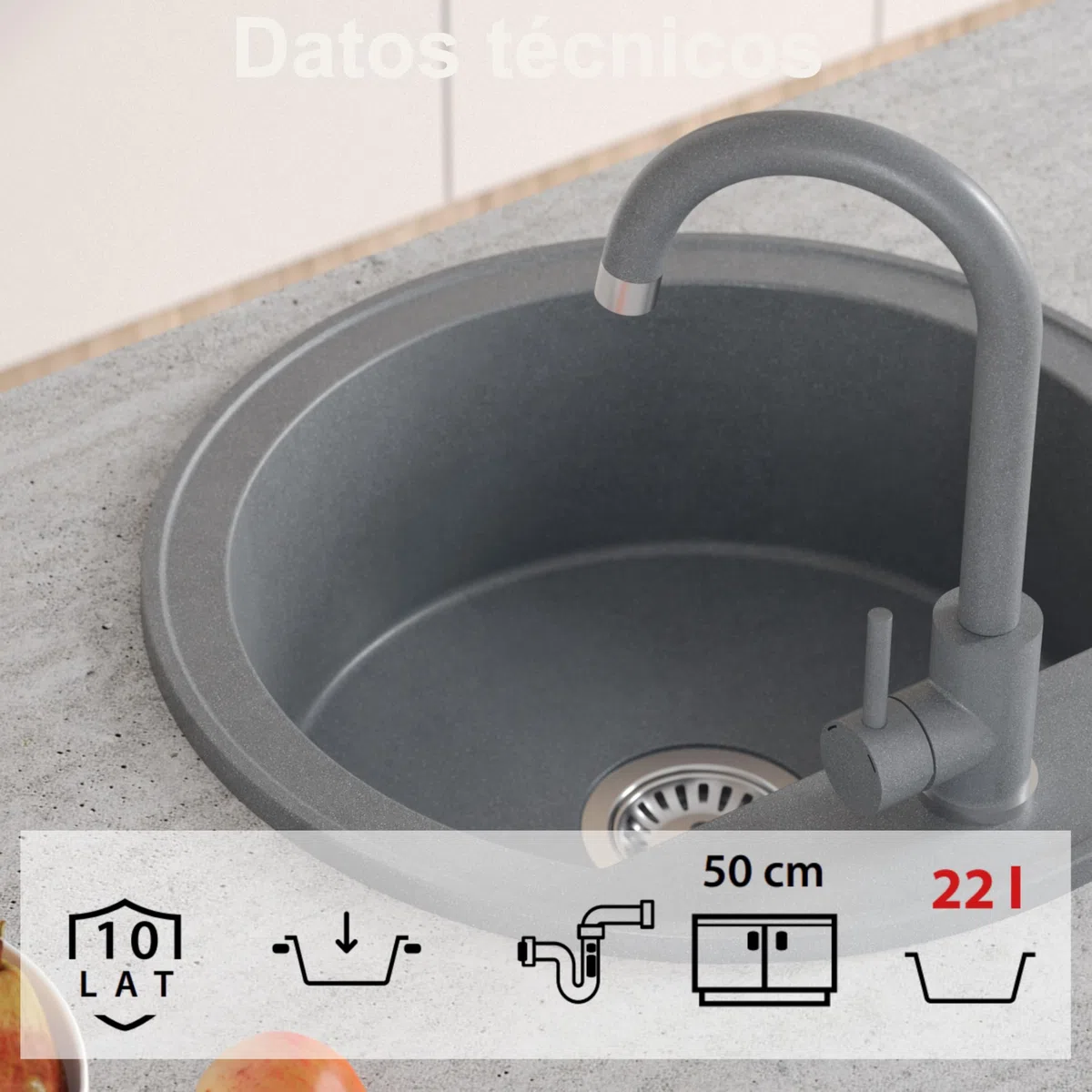 QUADRON fregadero de cocina redondo | tamaño 51 x 51 x 18 cm, diámetro 43, beige y acero | fregadero de granito JOHNNY 210 | fregadero empotrado con orificio para grifo | fregadero de un seno
