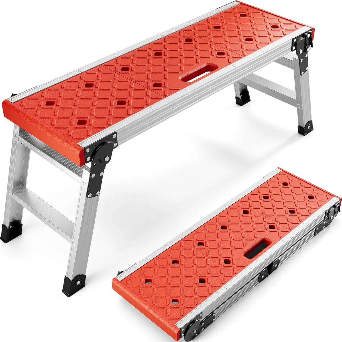 KINGRACK Plataforma de Trabajo Plegable de Aluminio, Escalón Taburete con Bloqueo de Seguridad y Pies Antideslizantes, Escalera de Mano para Hogar, Garaje y Taller, Soportar 150KG, Avance