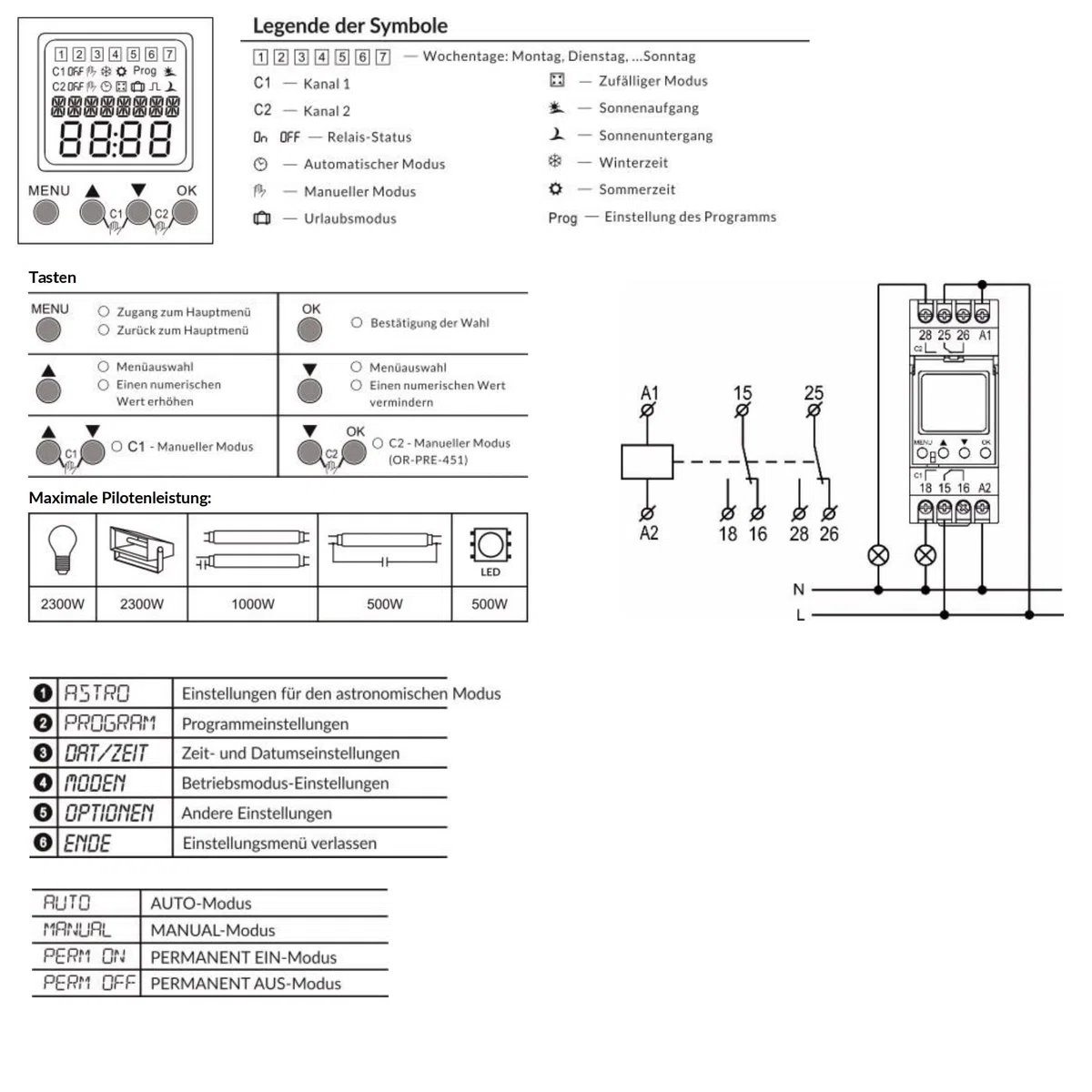 Temporizador digital LCD astronómico TH-35, 2 canales, 100 programas, 24 V, 230 V