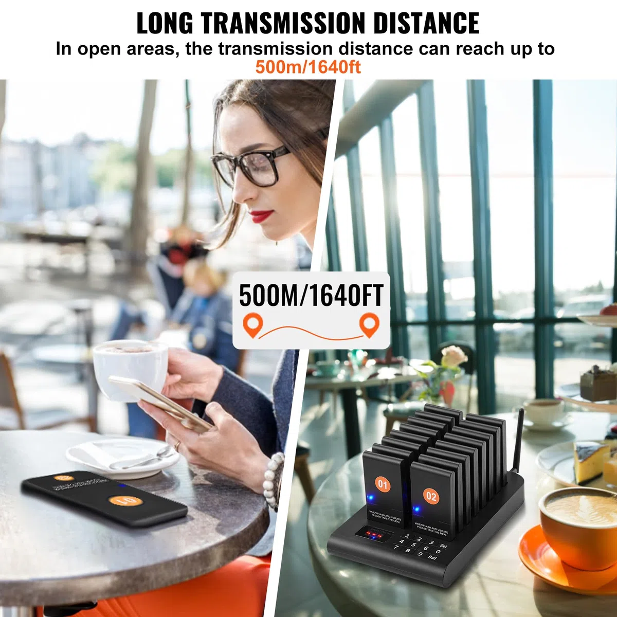 VEVOR Sistema de Buscapersonas Inalámbrico para Restaurantes Largo Alcance de 500 m Buscapersonas para Hacer Colas con Vibración y Parpadeo 16 Zumbadores para Restaurantes, Cafeterías, Tiendas