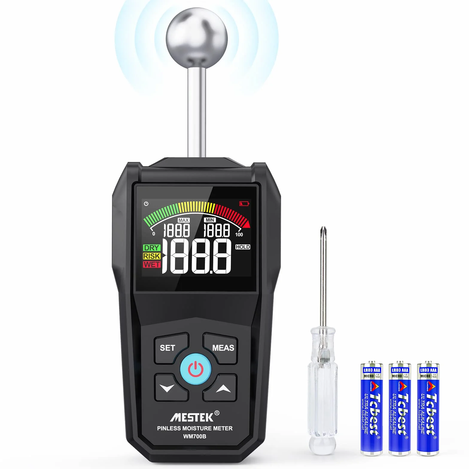 Medidor de Humedad MESTEK Humidímetros 20-40mm Digital sin Pin Detector de Humedad Portátil Humedad Medición Pantalla LCD Alarma para Madera, Paredes, Hormigón, Ladrillo y Materiales de Construcción