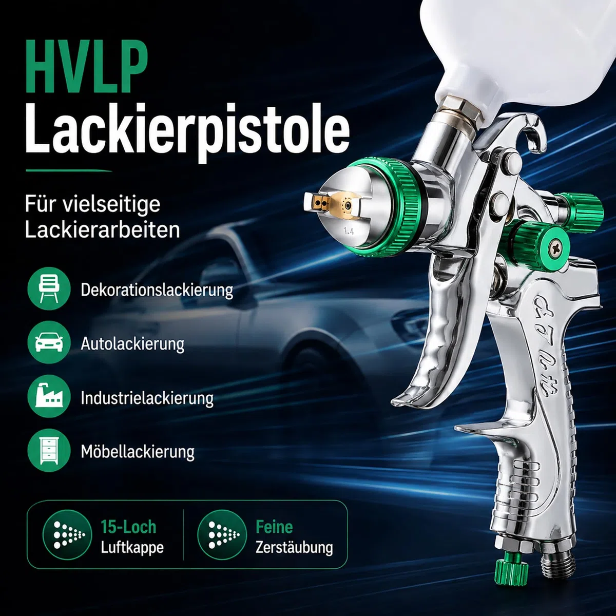 Pistola Pintura HVLP con Compresor, 4 Boquillas (1.4/1.7/2.0/2.5 mm), Pistola Pulverizadora Profesional por Gravedad con Vaso de 600 ml - para Coche, Madera, Paredes - Verde