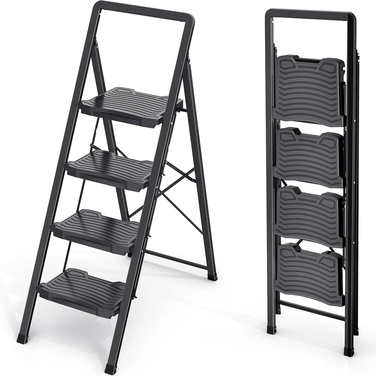 KINGRACK Escalera de 4 peldaños Resistente y Resistente, Escalera portátil para el hogar, Cocina, Taburete Plegable de Acero con Pedales Anchos Antideslizantes, pasamanos, diseño de Bloqueo Seguro