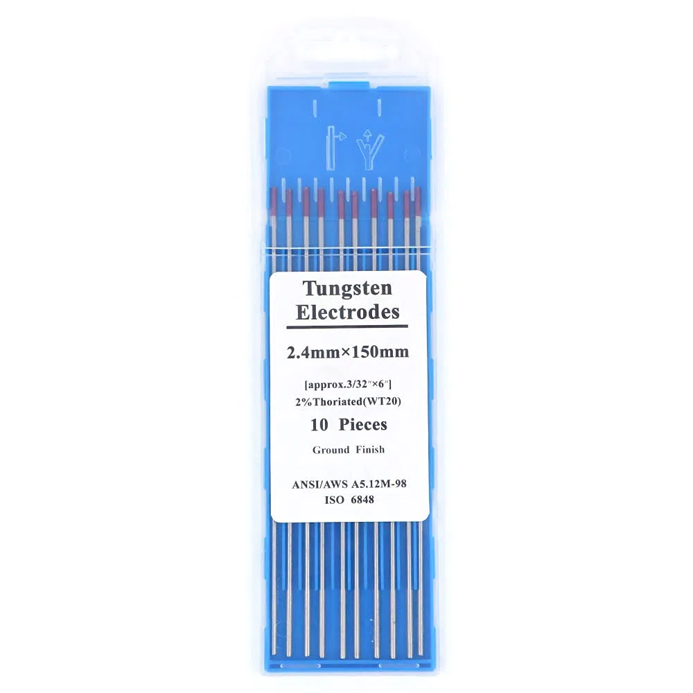 Paquete de 10 electrodos de tungsteno de soldadura TIG de 3/32 pulgadas WT20 (rojo) de tungsteno torado - 2,4 x 150 mm