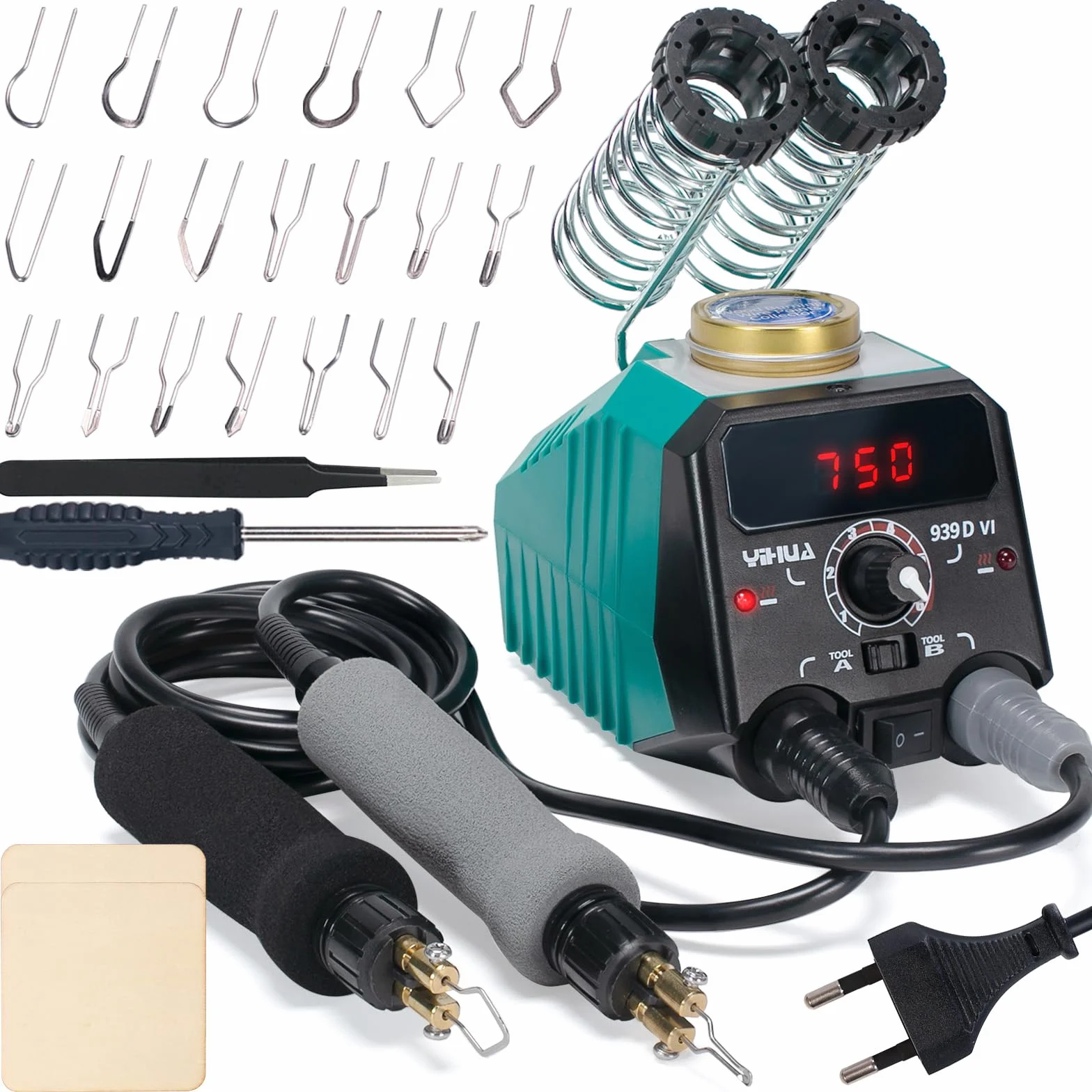 YIHUA 939D-VI Kit de quema de grabador madera de doble pluma con pantalla digital con 20 puntas de alambre, pluma de quema de madera desmontable, pinzas utilizadas como herramienta de quema de madera
