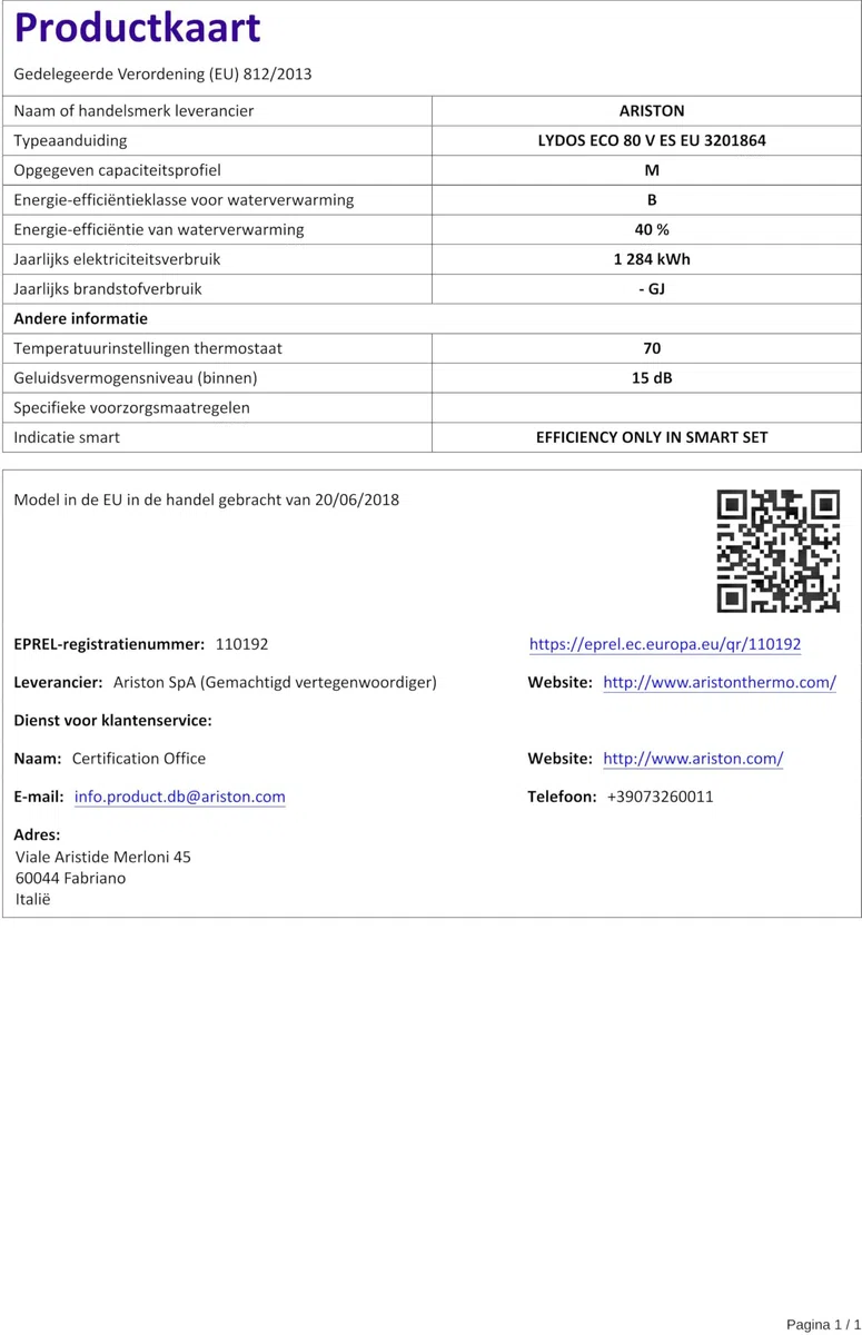 Ariston LYDOSECO80VES Termo ELECTRICO Termo LYDOS Eco 80 V ES EU