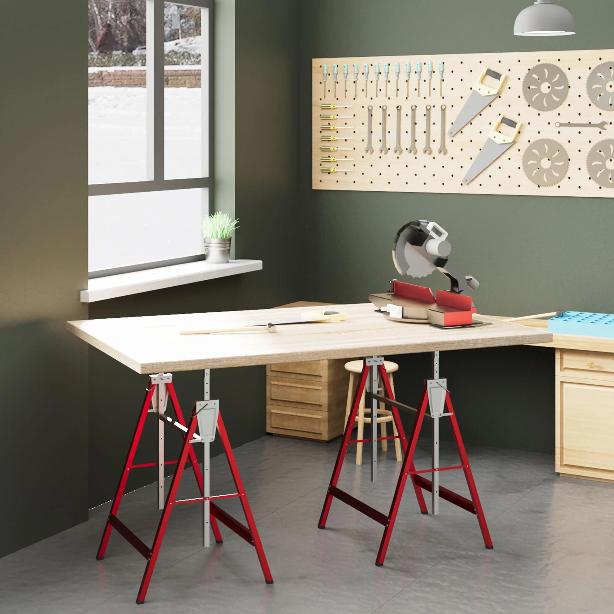 HOMCOM Set de 2 Caballetes Telescópicos Plegables con Altura Ajustable Caballetes de Sierra de Acero para Mesa y Trabajo de Bricolaje Carga 200 kg 68x58x80-130 cm Rojo