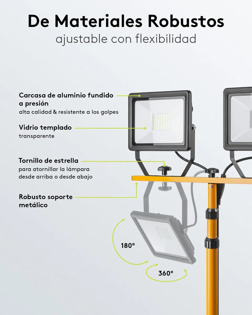 goobay Foco LED para Obras 49984-Foco construcción telescópico (Doble Cabezal, para Uso en Interiores y Exteriores, trípode de Metal, luz Blanca fría), Negro, Amarillo, 2x 50 Vatios