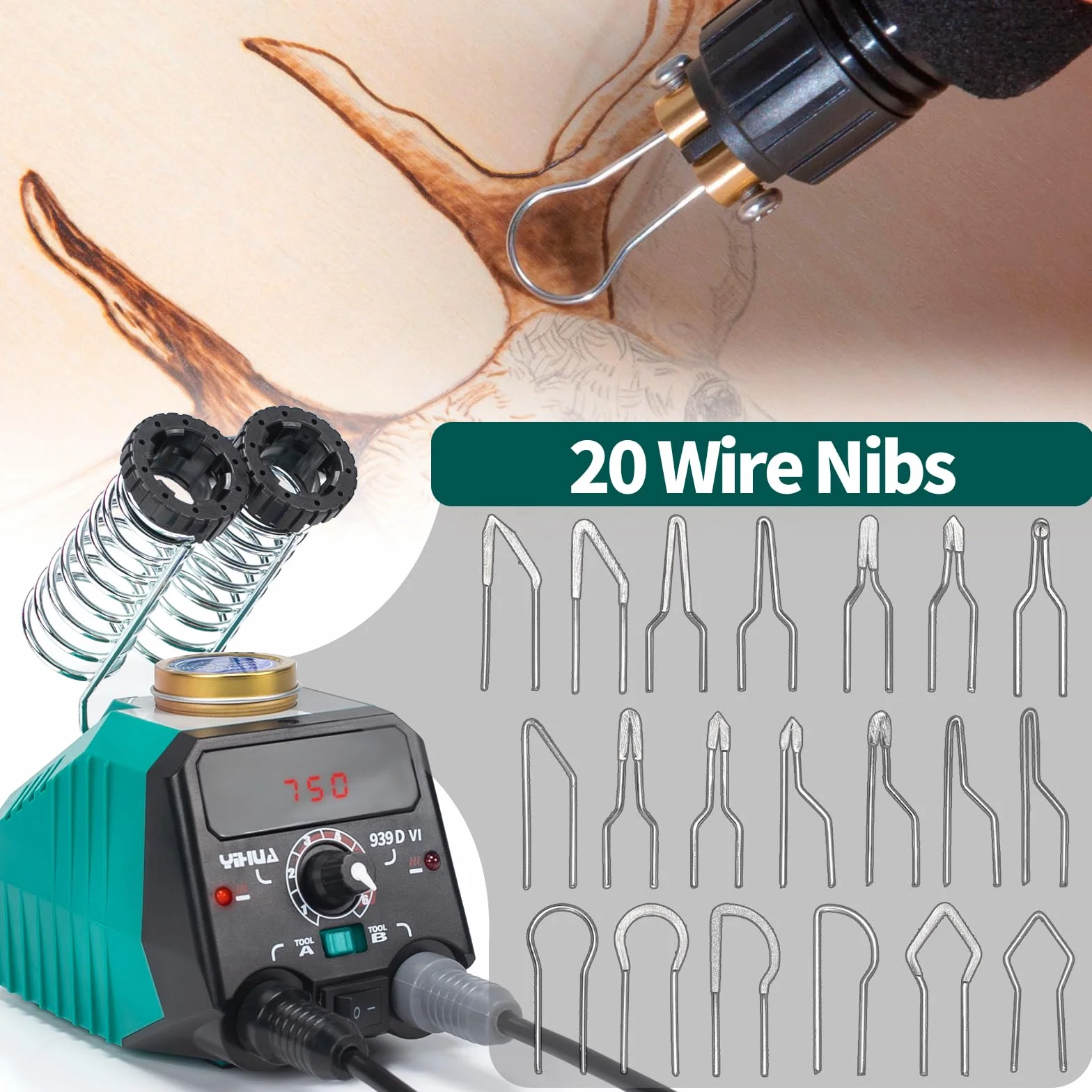 YIHUA 939D-VI Kit de quema de grabador madera de doble pluma con pantalla digital con 20 puntas de alambre, pluma de quema de madera desmontable, pinzas utilizadas como herramienta de quema de madera