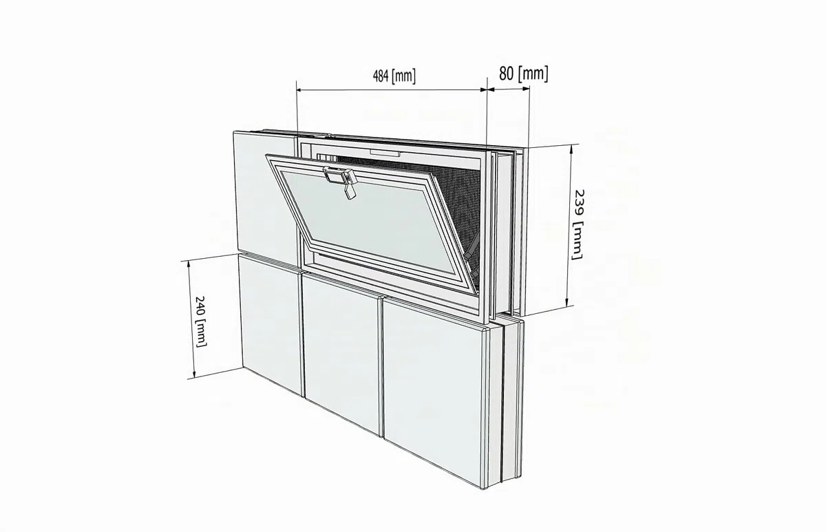 Ventana de ventilación para insertar en una pared de bloques de vidrio o mampostería | Dimensiones 48,4X24X8 cm | Unidad de venta 1 ventana