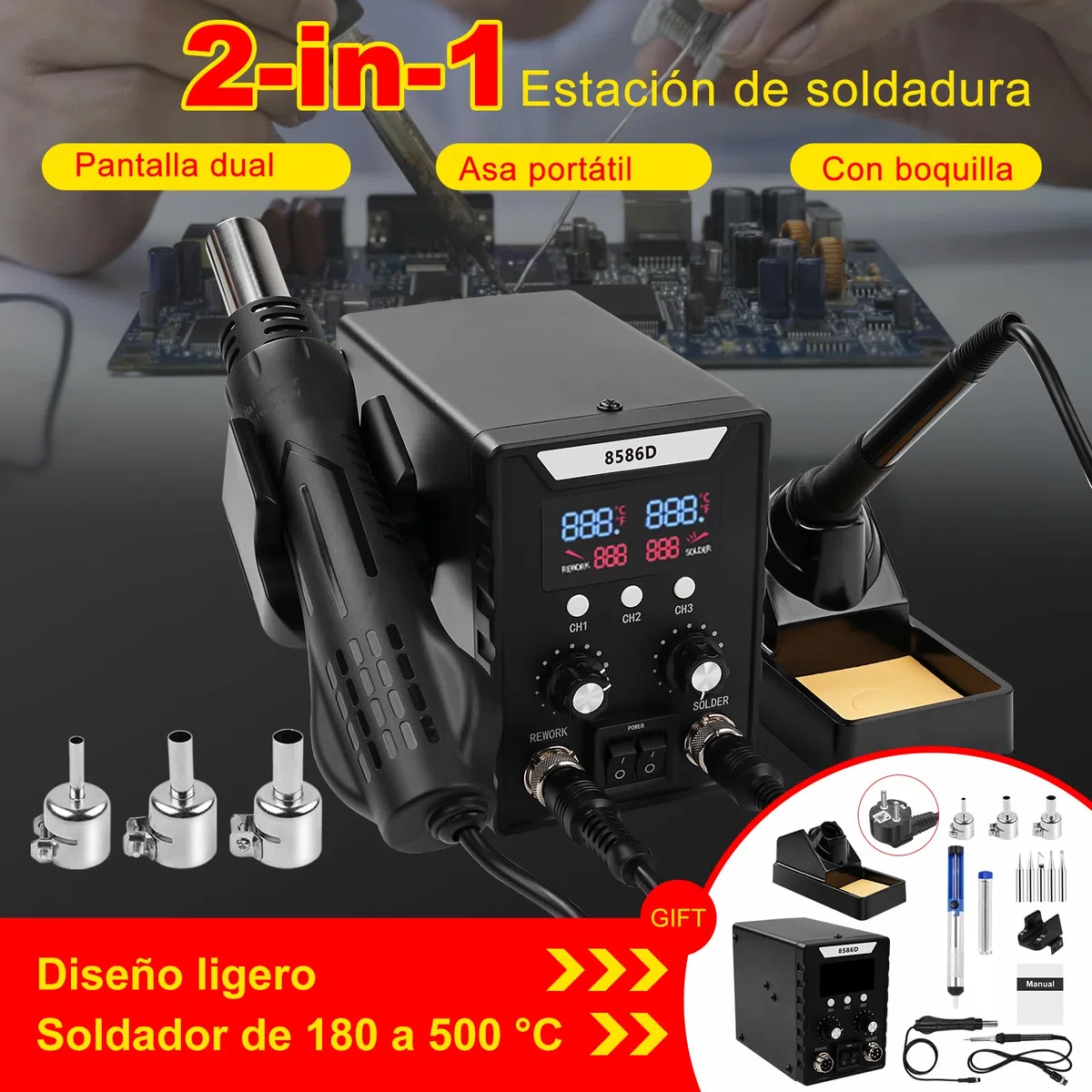 8586D Estación de Soldadura, estación de soldadura de aire caliente 2 en 1 con Pantalla LCD, temperatura ajustable de 180 ℃ a 500 ℃ con 3 boquillas de aire para trabajos eléctricos