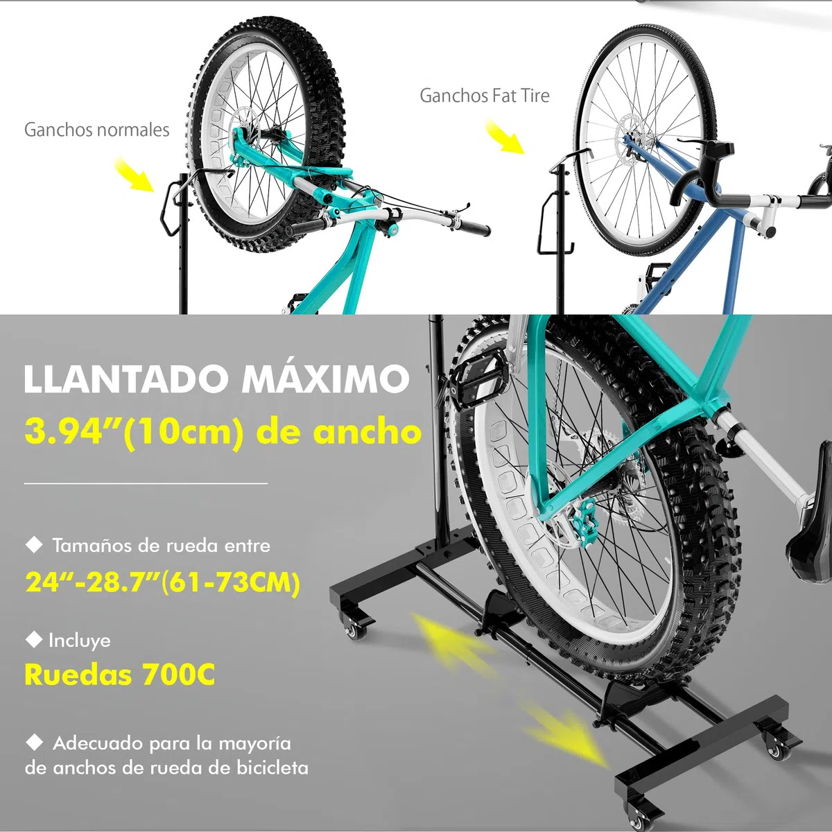 Mimoke Soporte de bicicleta con ruedas – para bicicletas de montaña y carreras de hasta 29 pulgadas, altura ajustable, ahorra espacio, ideal para apartamentos