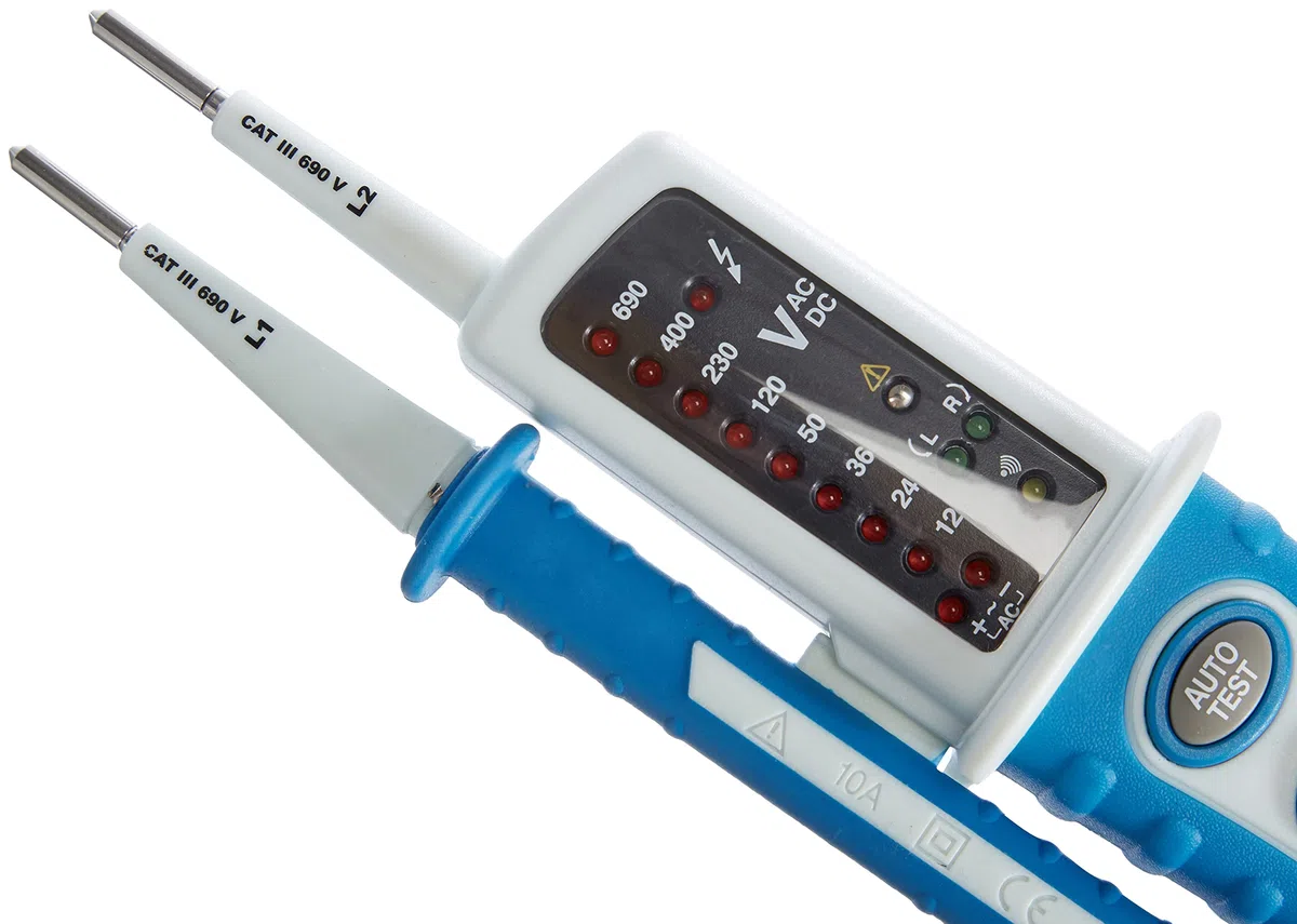 PeakTech 1095 – Probador de voltaje de CA/CC de 2 polos con pantalla LED, protección contra polvo y agua (IP64), voltaje de CC y CA, probador de continuidad, voltímetro de 12V - 690V